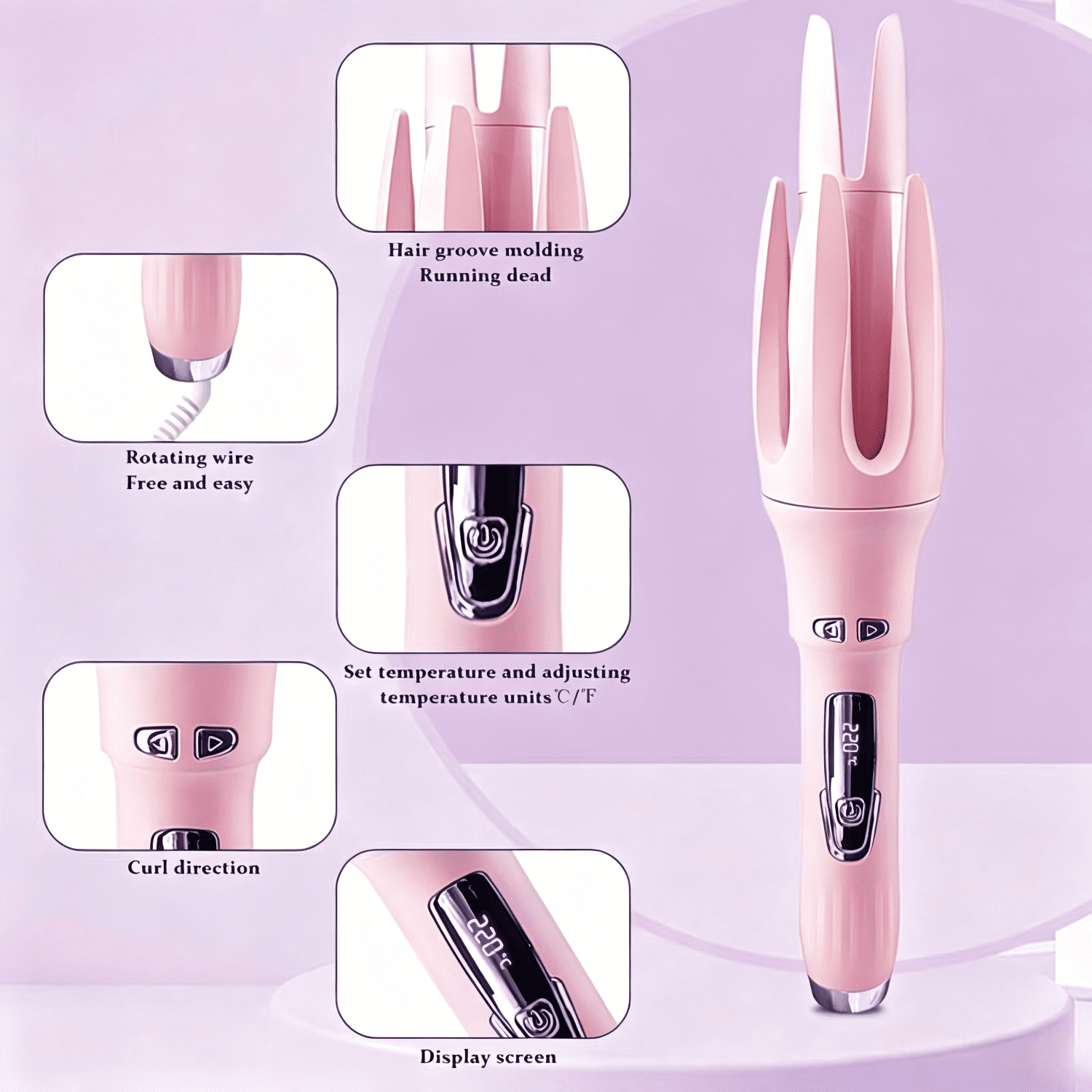Ein rosa automatischer Lockenstab mit detaillierten Ansichten der Rille, Tasten, des Displays und des Kabels.