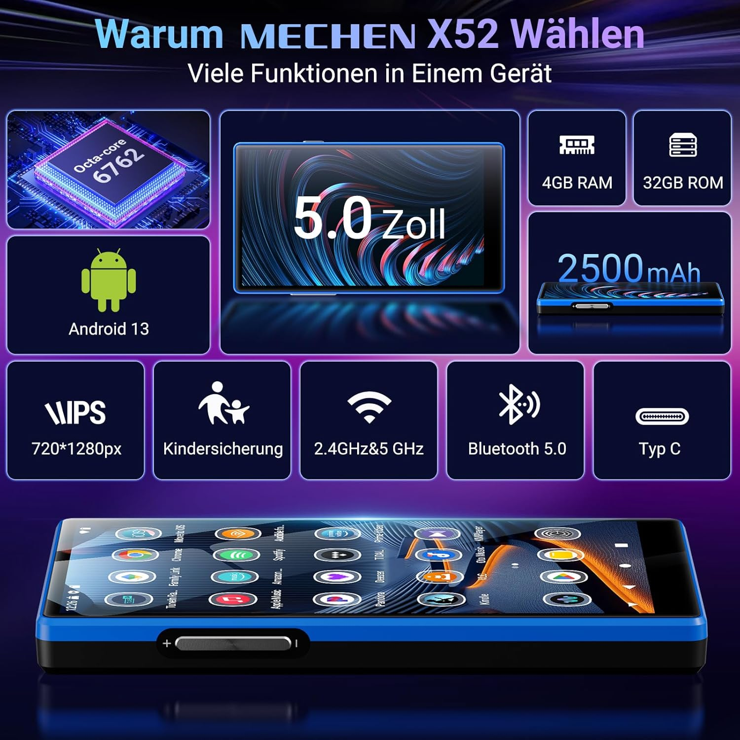 Produktübersicht des MECHEN X52 mit technischen Details wie 5-Zoll-Display, Android 13 und 4GB RAM.