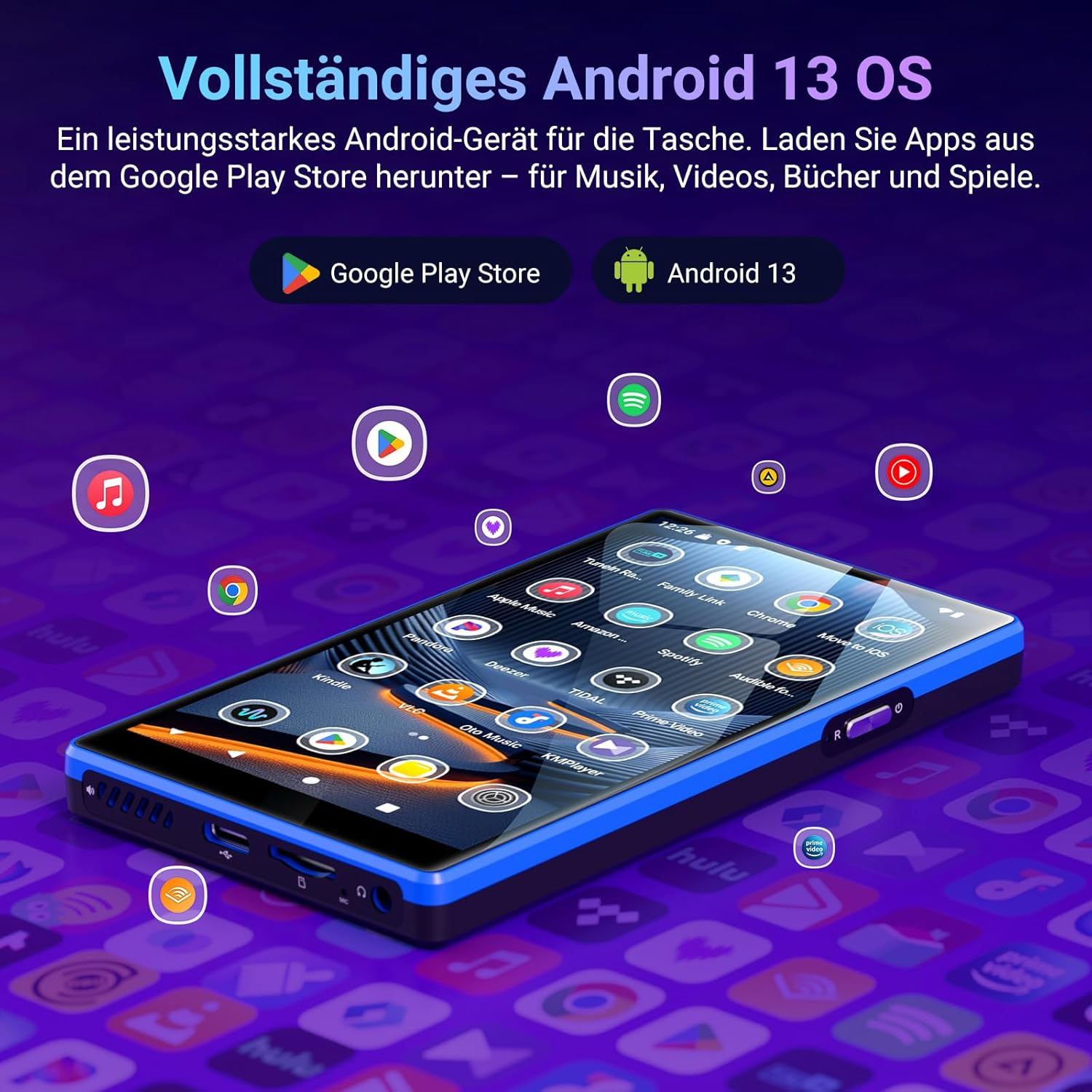 Ein blaues Android 13 Gerät umgeben von schwebenden App-Icons vor violettem Hintergrund mit deutschem Text.