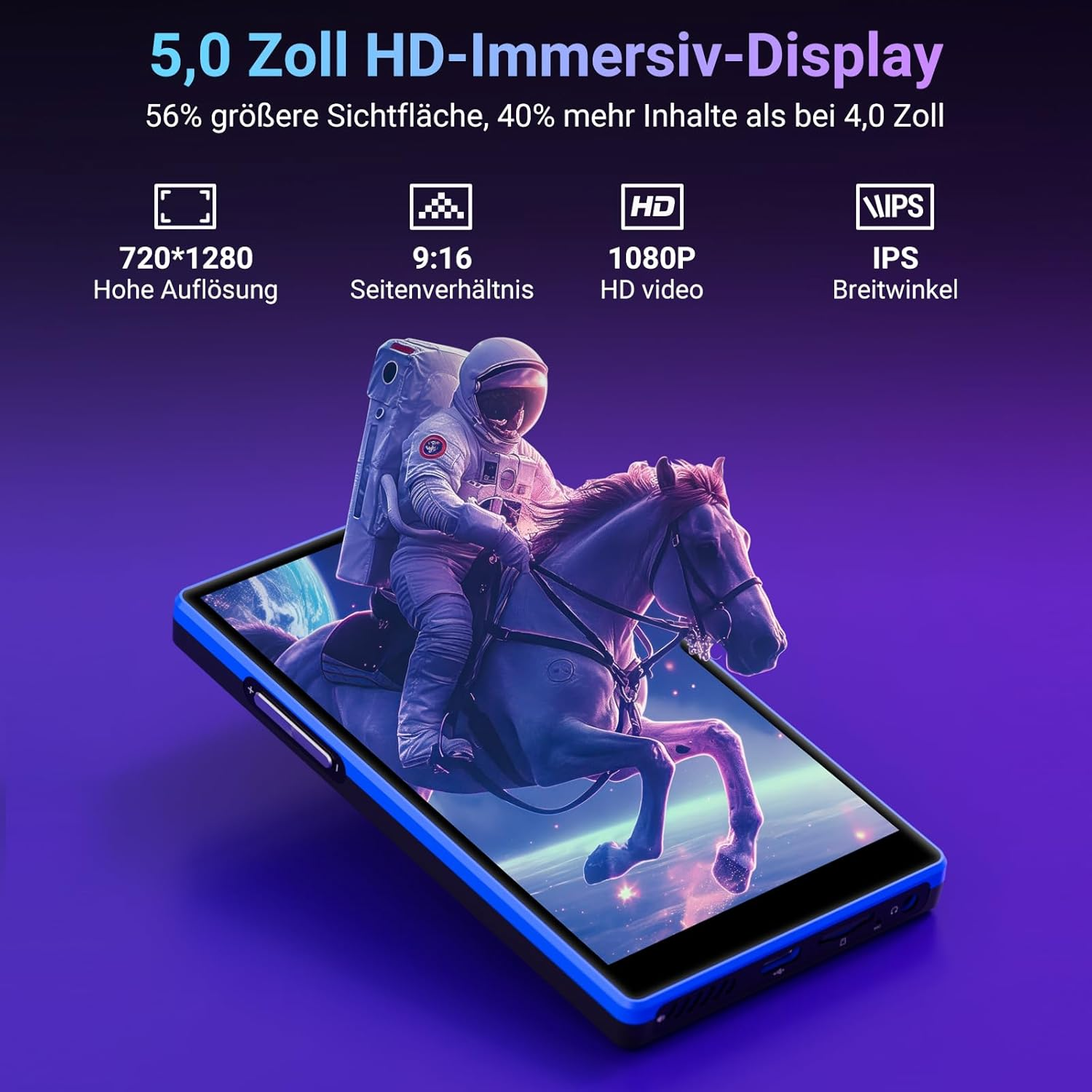 Ein Smartphone zeigt ein 3D-Bild eines Astronauten auf einem Pferd. Oben sind Technische Daten gelistet.