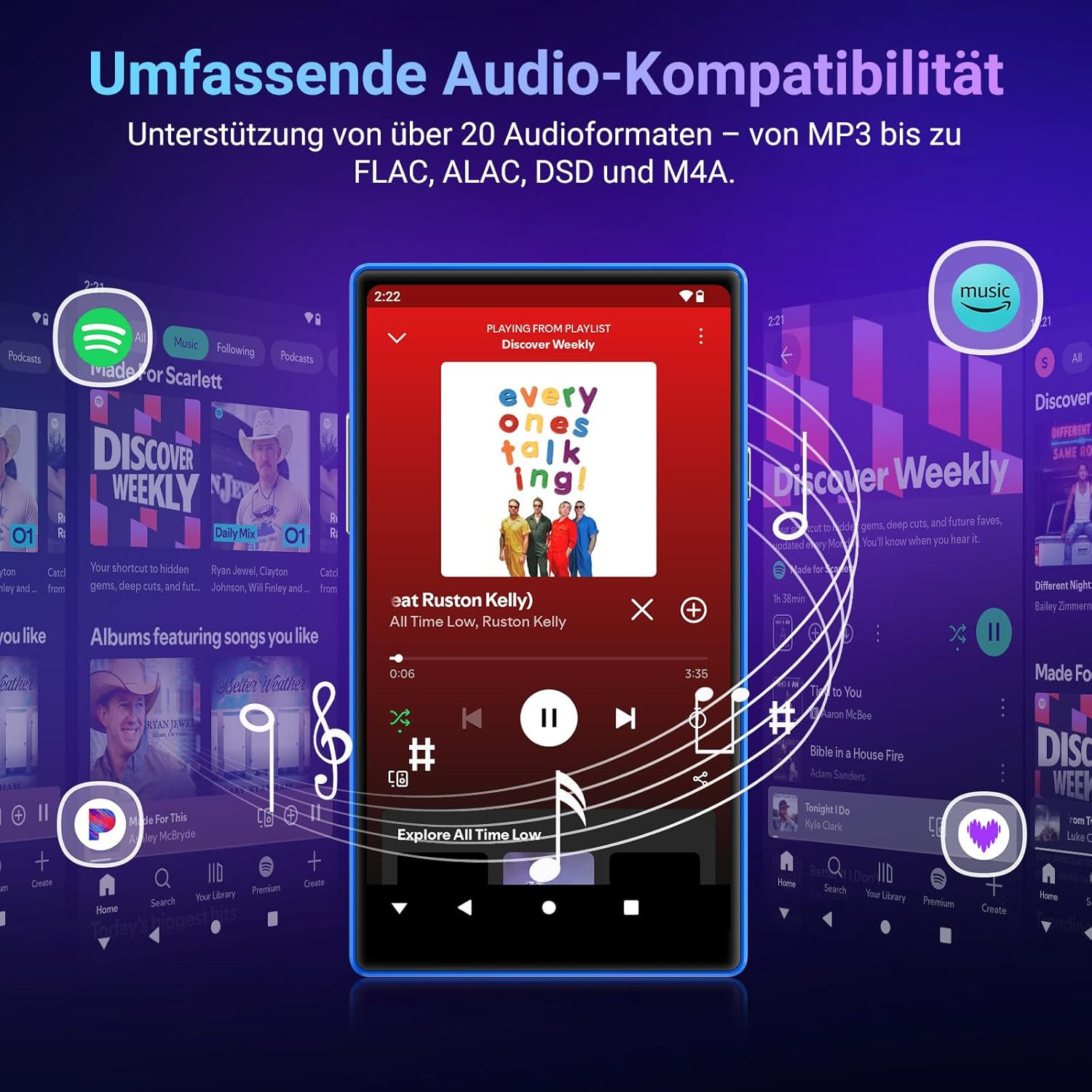 Ein Smartphone zeigt eine Musik-App im Vordergrund, umgeben von schwebenden Musiknoten und App-Logos vor einem blauen Hintergrund.