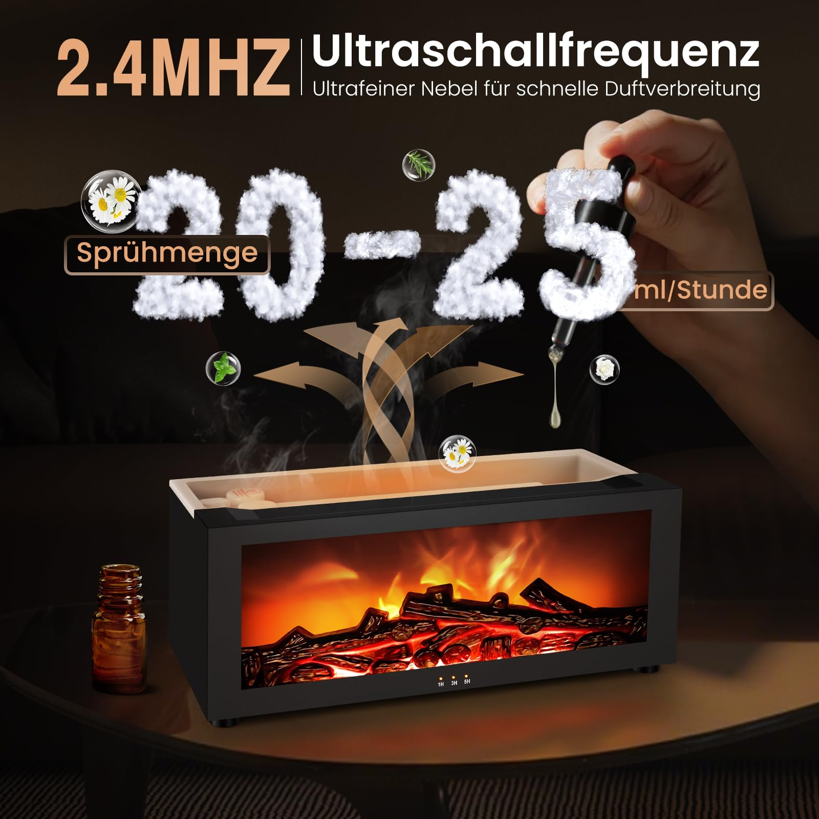 Ein Kamin-Luftbefeuchter auf einem Tisch gibt Nebel ab, neben einer Tropfflasche mit ätherischen Ölen und Texten.