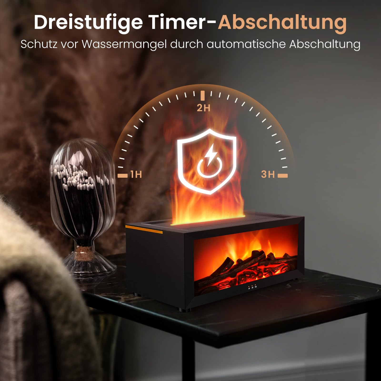 Ein schwarzer elektrischer Kamin-Luftbefeuchter mit Flammeneffekt und Timer-Grafik auf einem Tisch.