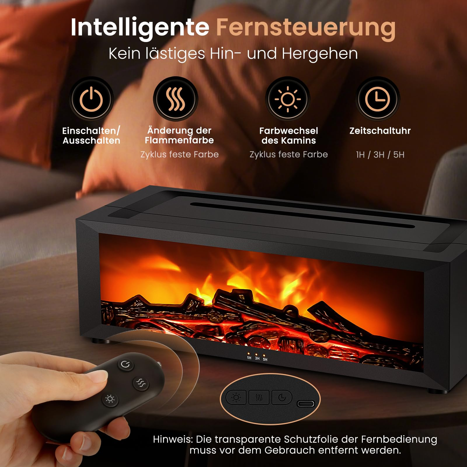 Ein elektrischer Kamin mit künstlichen Flammen, Holzscheiten und einer Hand mit Fernbedienung.