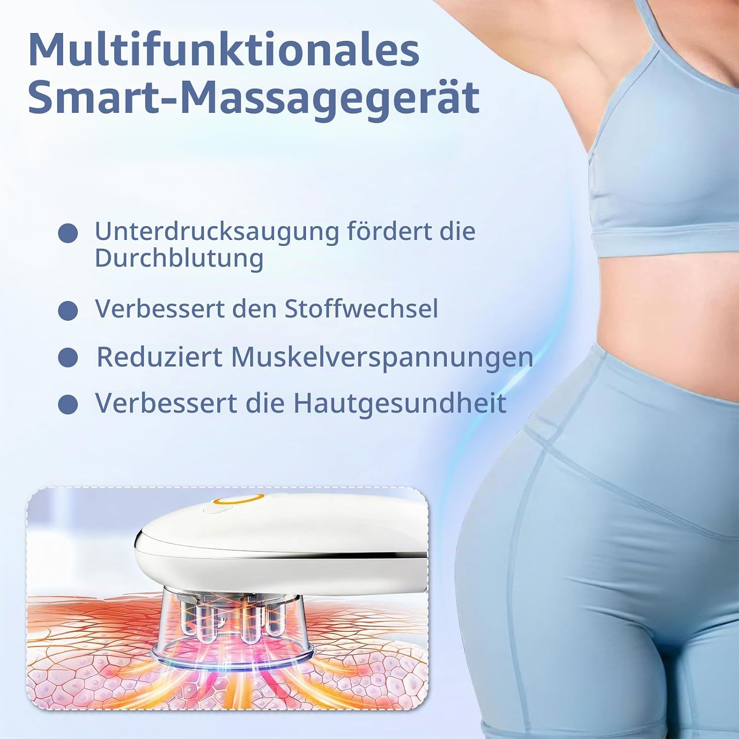 Ein weißes Massagegerät auf der Haut mit erklärendem Text und einer Frau in Sportbekleidung im Hintergrund.