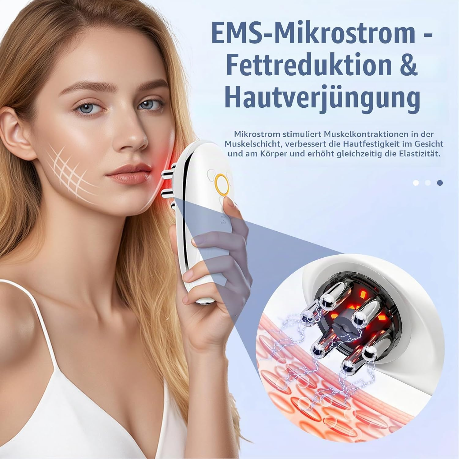 Eine Frau verwendet ein EMS-Mikrostrom-Gerät im Gesicht, mit Detailansicht der Kontakte und Hautschichten.