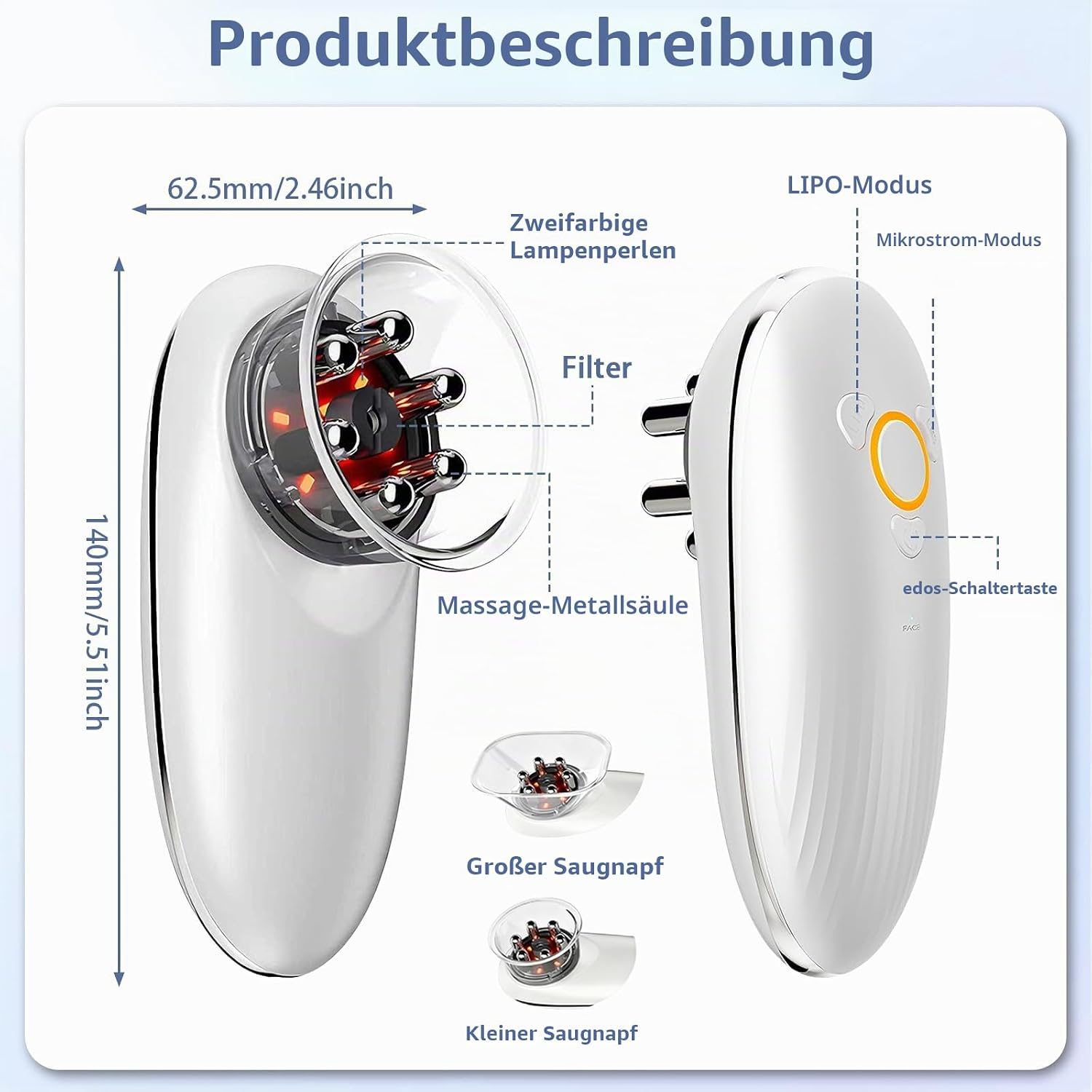 Produktbeschreibung eines weißen Beauty-Geräts mit Maßen, Massageköpfen und verschiedenen Aufsätzen.