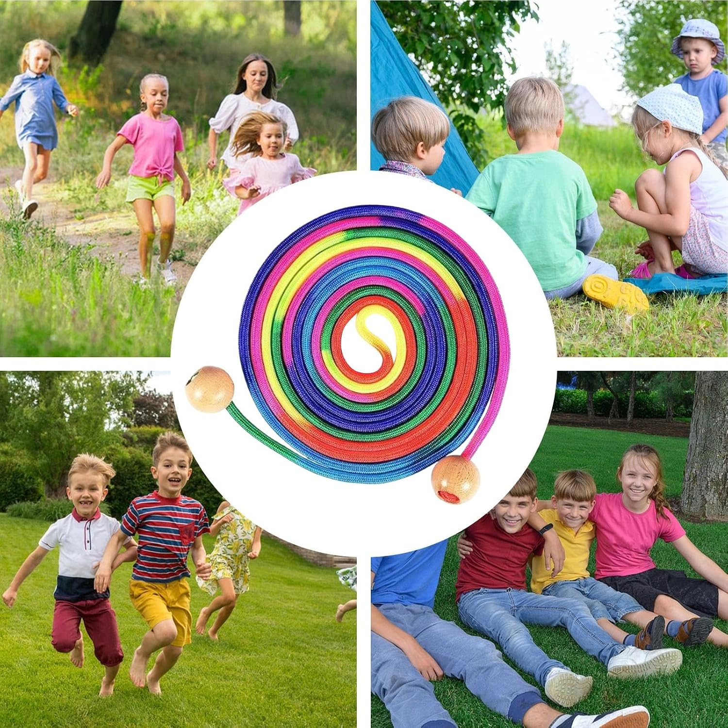 Bunte Kletterseile mit Holzkugeln, umgeben von spielenden Kindern im Freien.