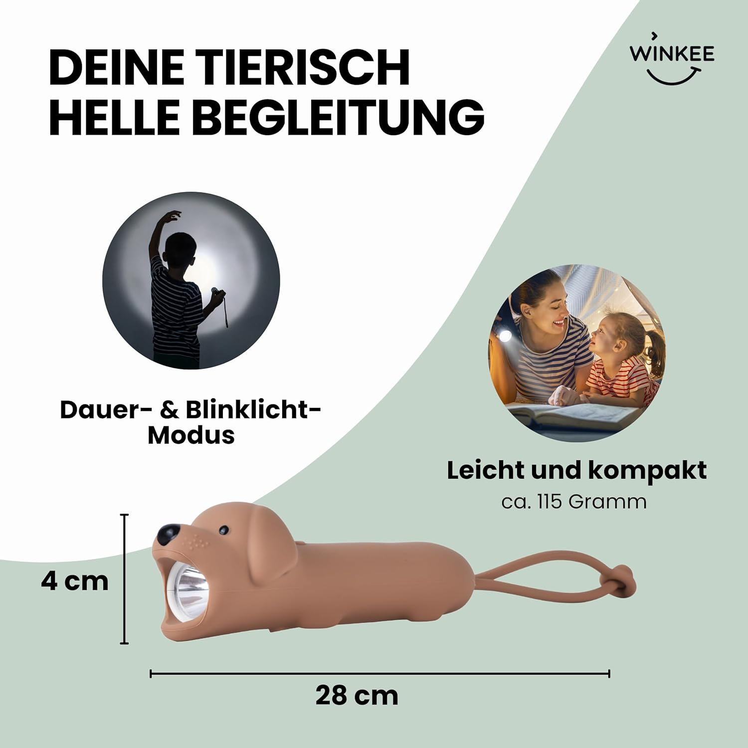 Eine braune Hunde-Taschenlampe mit Maßen, Bildern von Kindern und dem Winkee-Logo auf grünem Hintergrund.