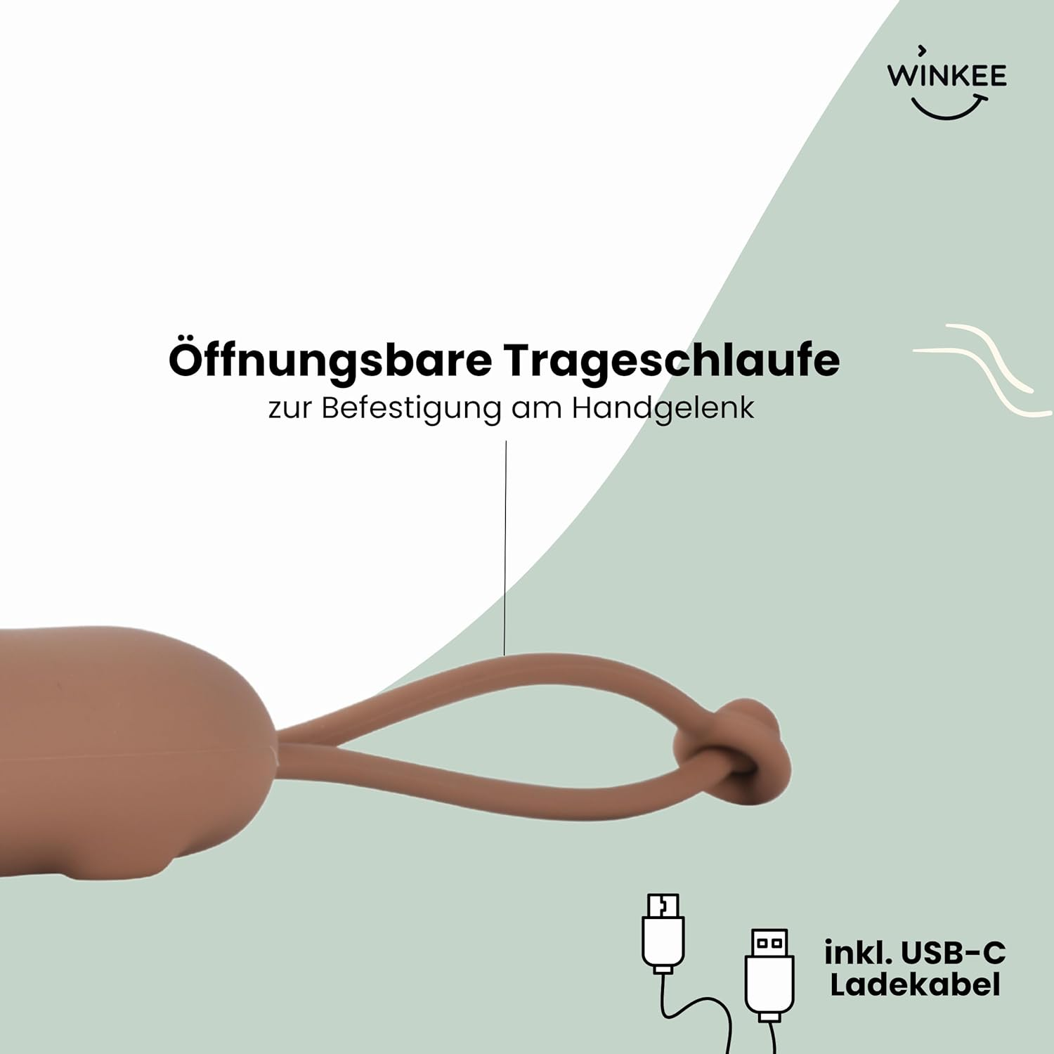 Nahaufnahme einer braunen Silikon-Trageschlaufe an einem Produkt, deutscher Text oben und USB-C-Kabel-Symbol unten.