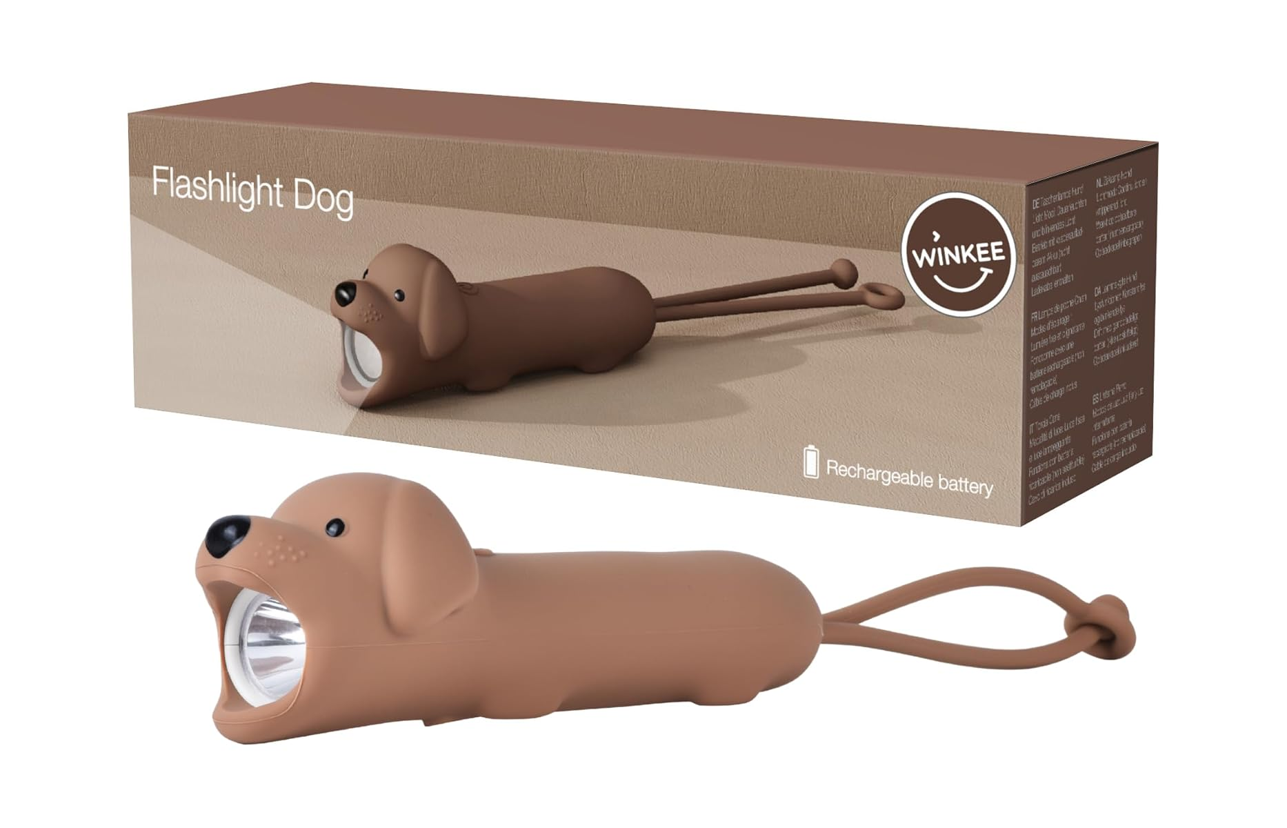 Eine braune, hundeförmige wiederaufladbare Taschenlampe vor ihrer passenden Produktverpackung.