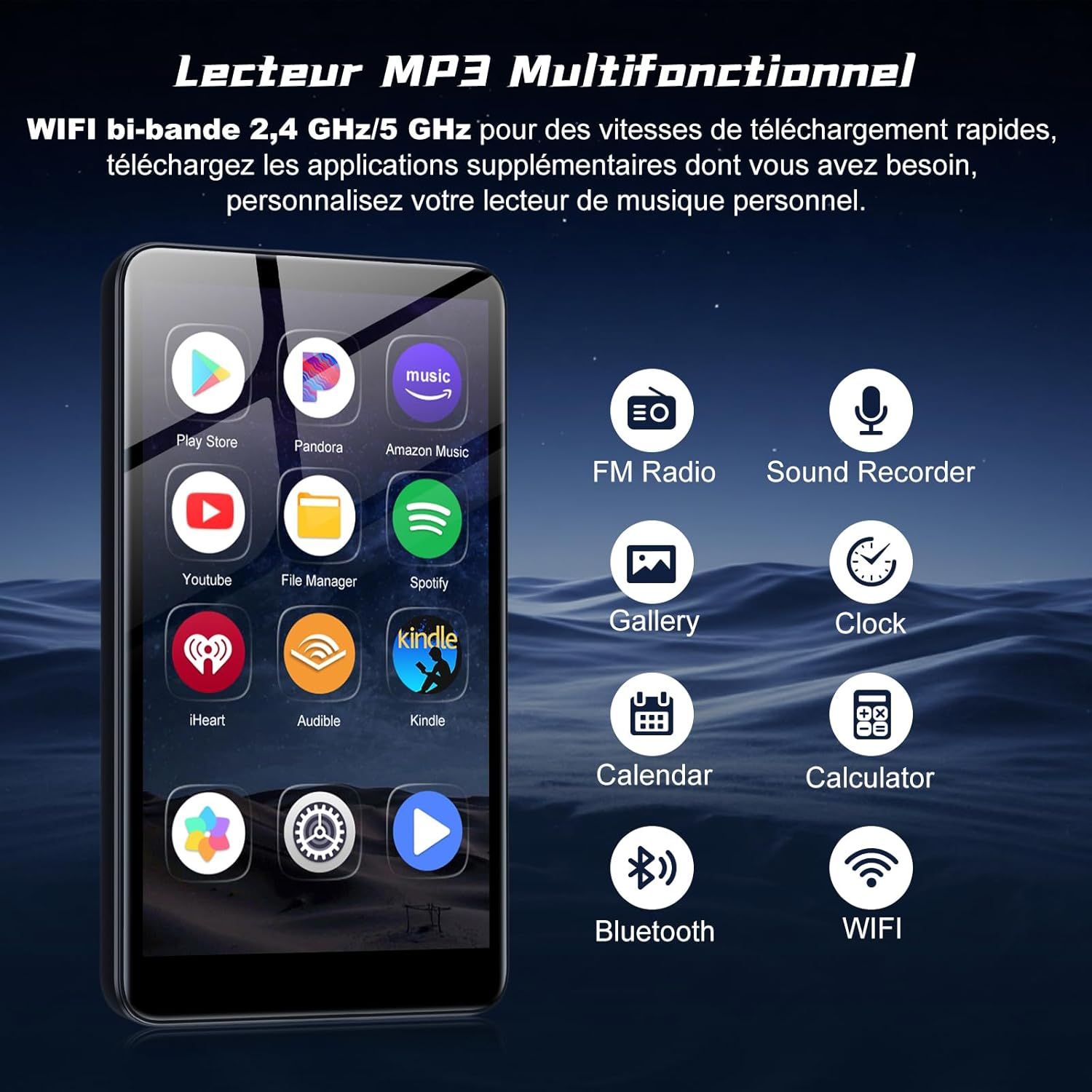 MP3-Player-Display mit App-Icons links und Funktionssymbolen rechts.
