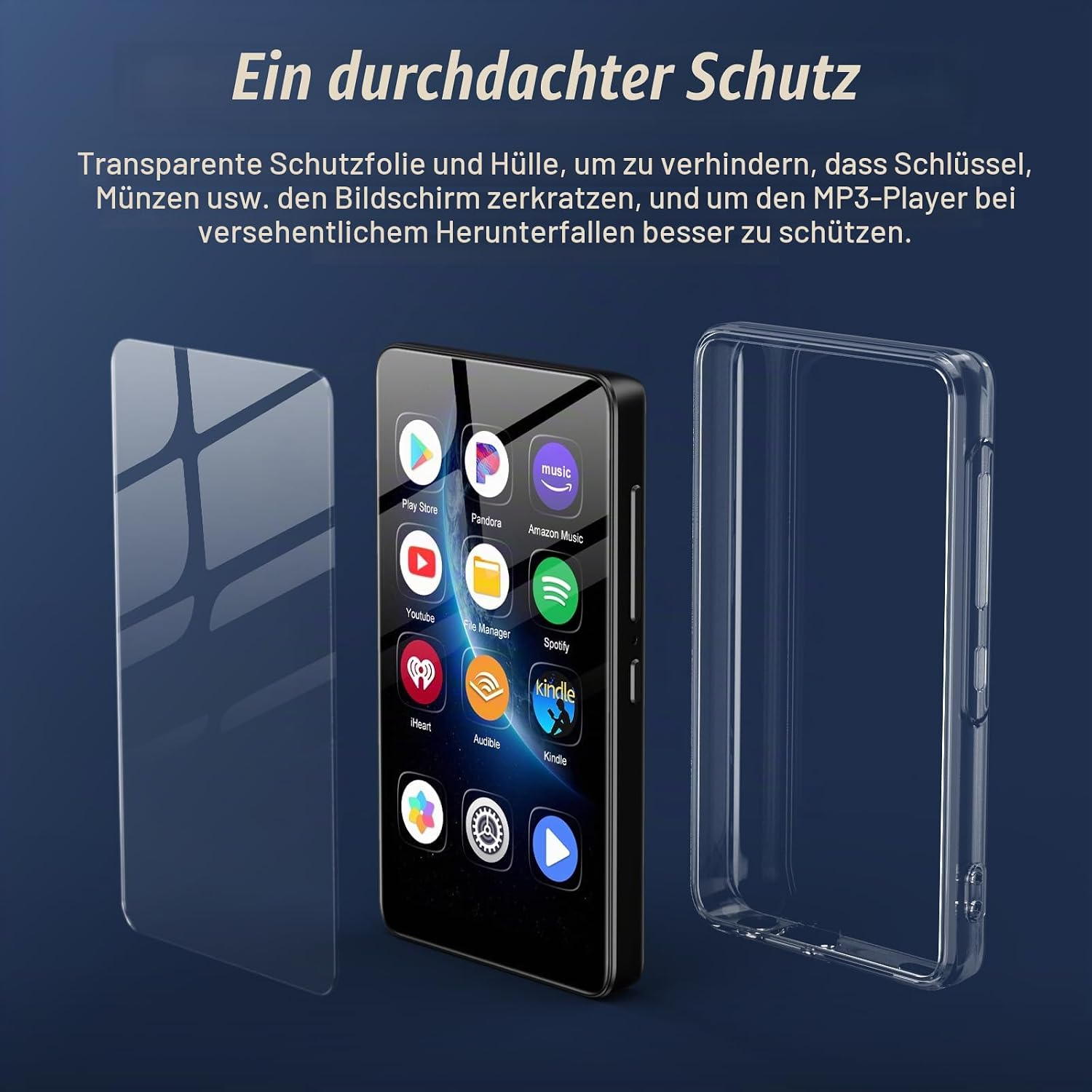 MP3-Player mit transparenter Schutzfolie und Silikonhülle auf blauem Hintergrund.