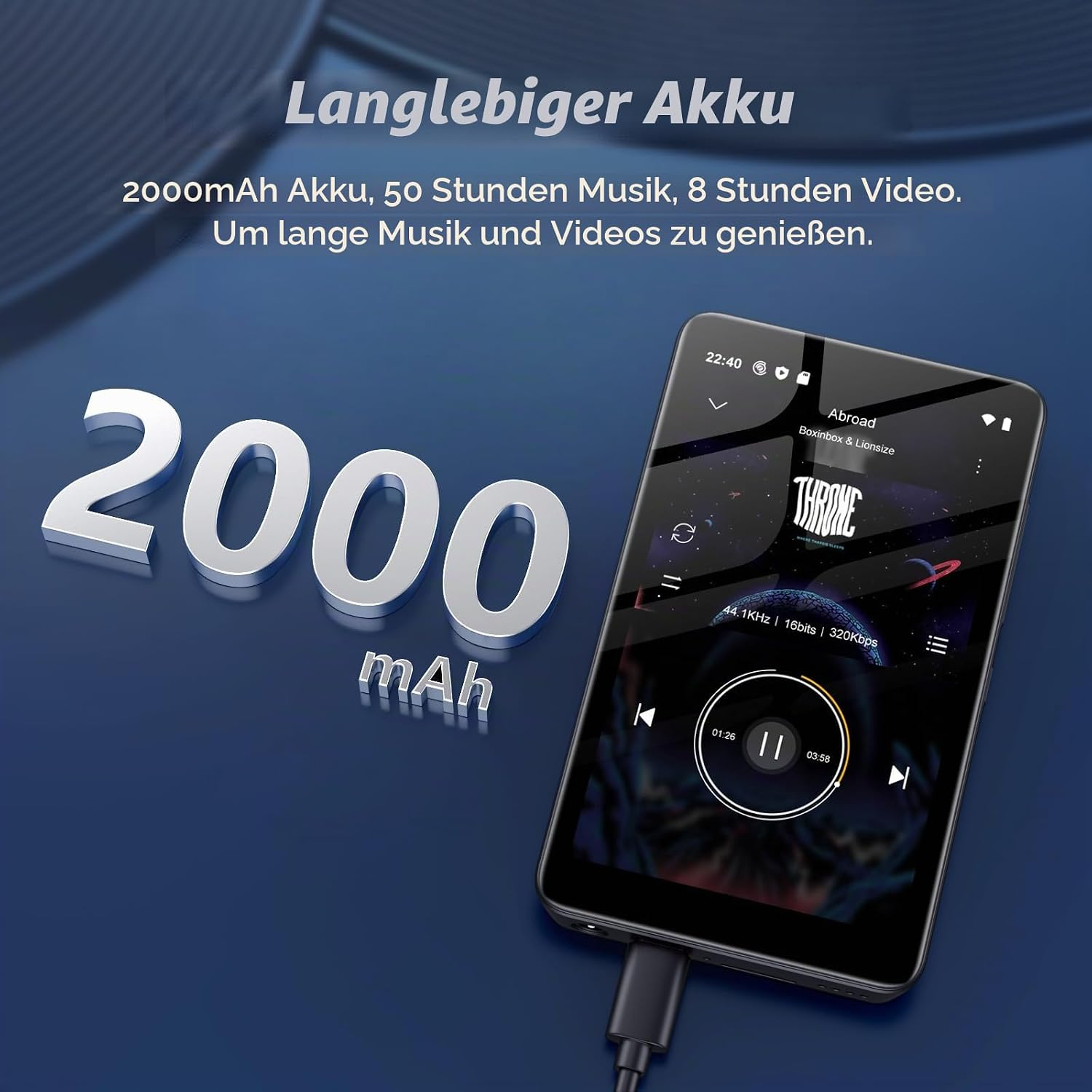 MP3-Player mit 2000mAh Akku zeigt Musik-Wiedergabe auf blauem Hintergrund mit deutschem Werbetext.