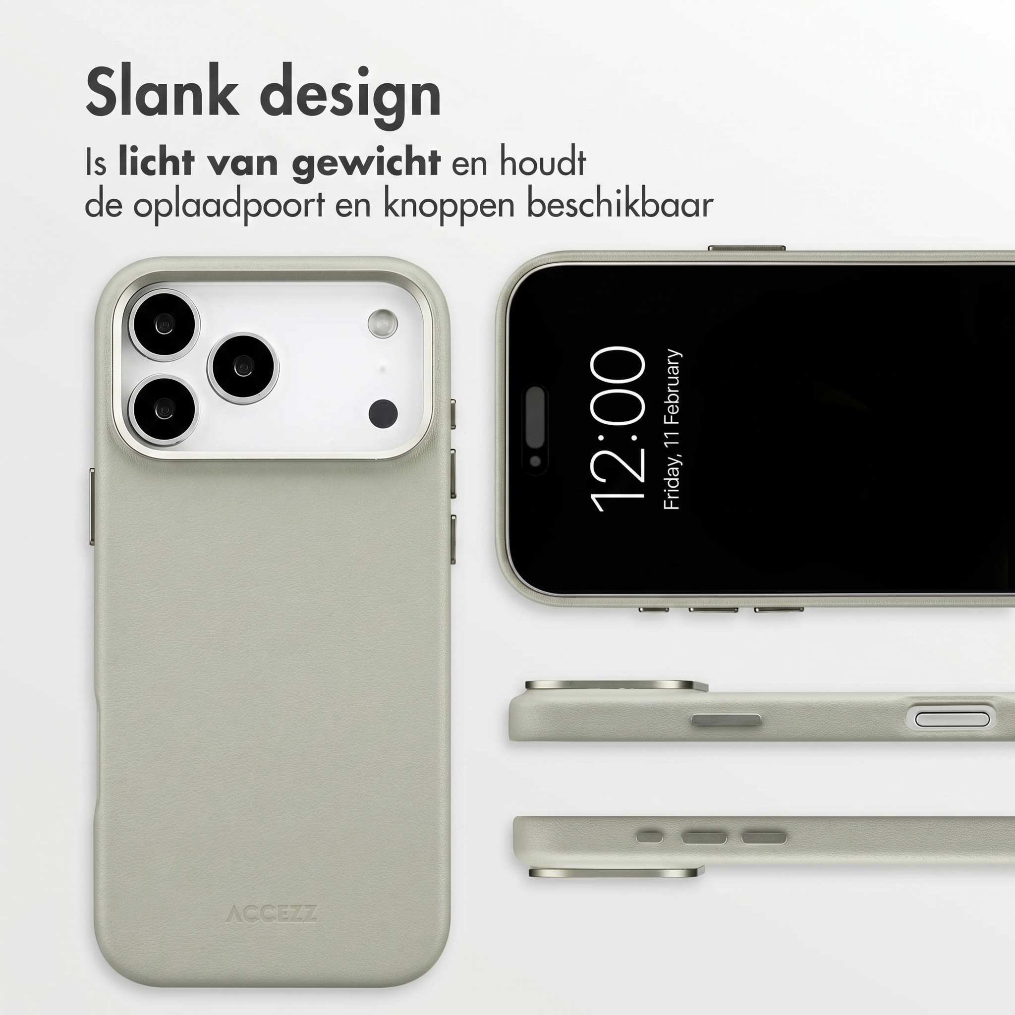 Eine hellgrüne Handyhülle aus mehreren Blickwinkeln mit einem Telefon, das 12:00 anzeigt.