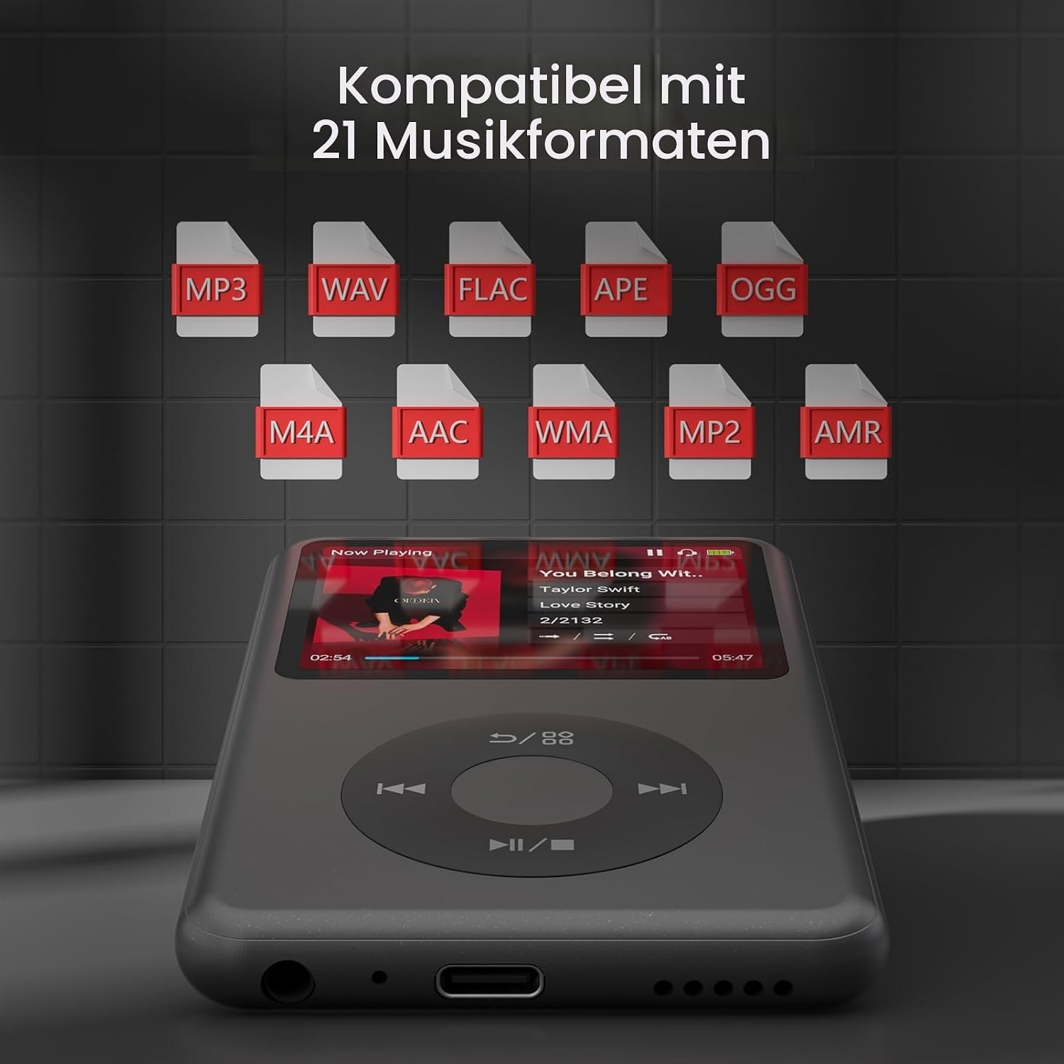 Ein tragbarer Musikplayer mit zehn roten Musikformat-Icons und der Aufschrift Kompatibel mit 21 Musikformaten.