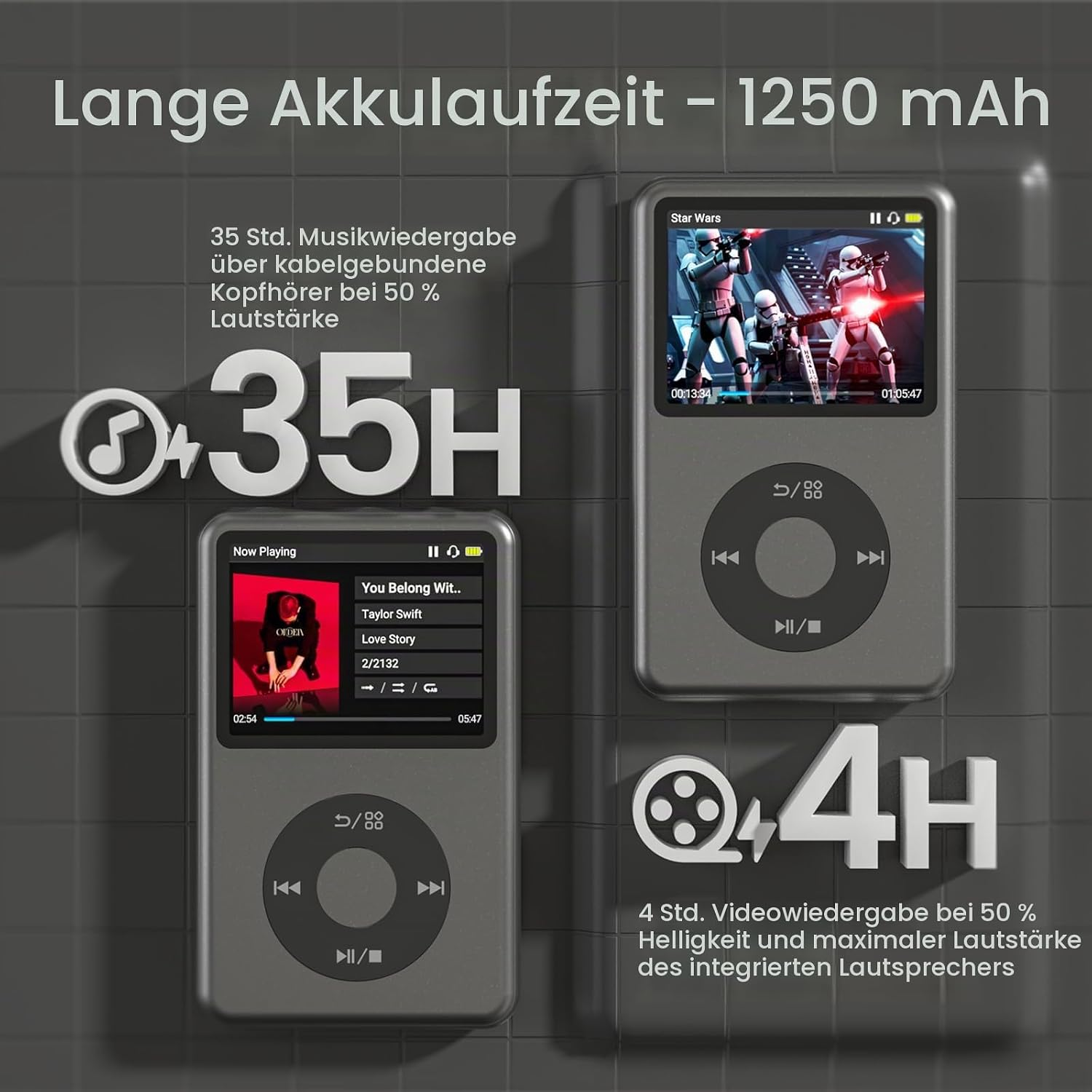 Zwei graue Media-Player zeigen Musik- und Videowiedergabe, mit 35 Std. Audio- und 4 Std. Videowiedergabe Akkulaufzeit.