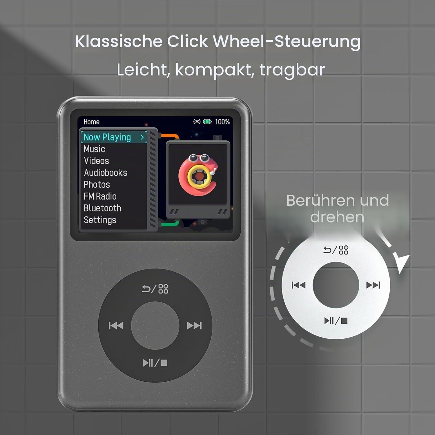 Grauer MP3-Player mit Click-Wheel-Steuerung vor grauem Hintergrund mit deutschem Text.