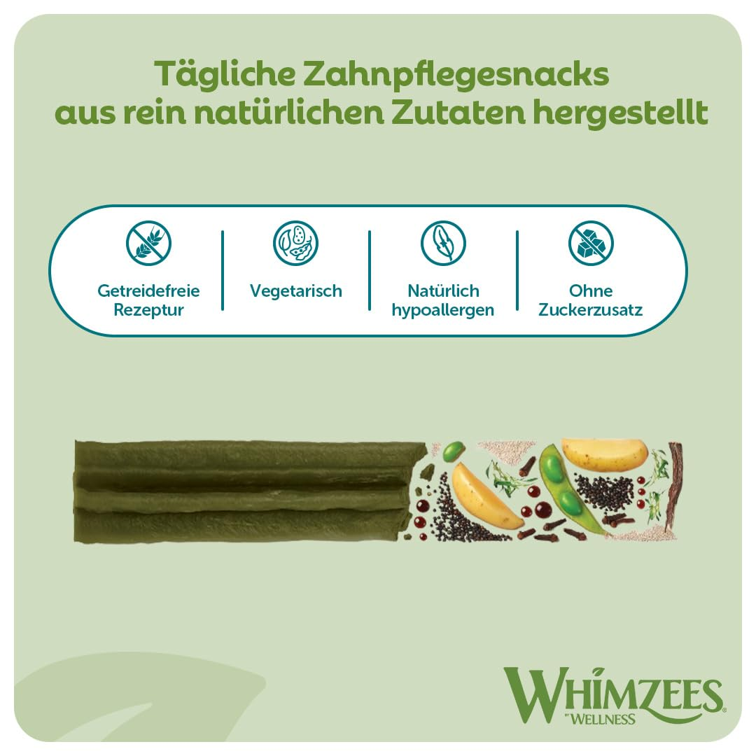 Grüner Zahnpflegesnak mit natürlichen Zutaten, getreidefrei, vegetarisch und hypoallergen von Whimzees.