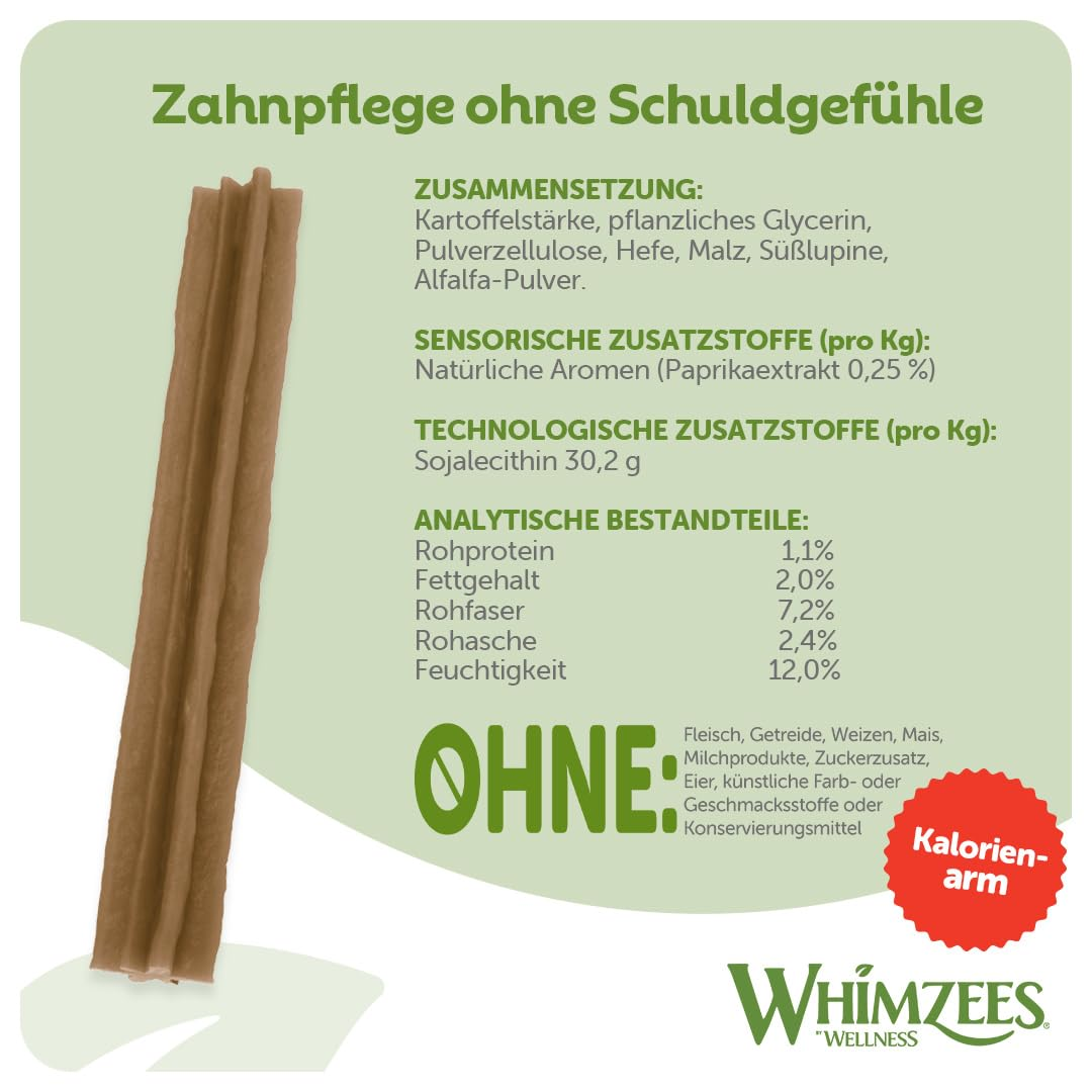 Whimzees Zahnpflegestick für Hunde mit Inhaltsstoffen und Nährwerten.