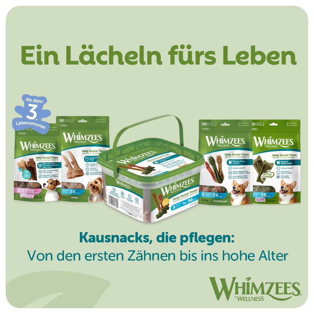 Whimzees Kausnacks in verschiedenen Packungen für alle Lebensphasen von Hunden.