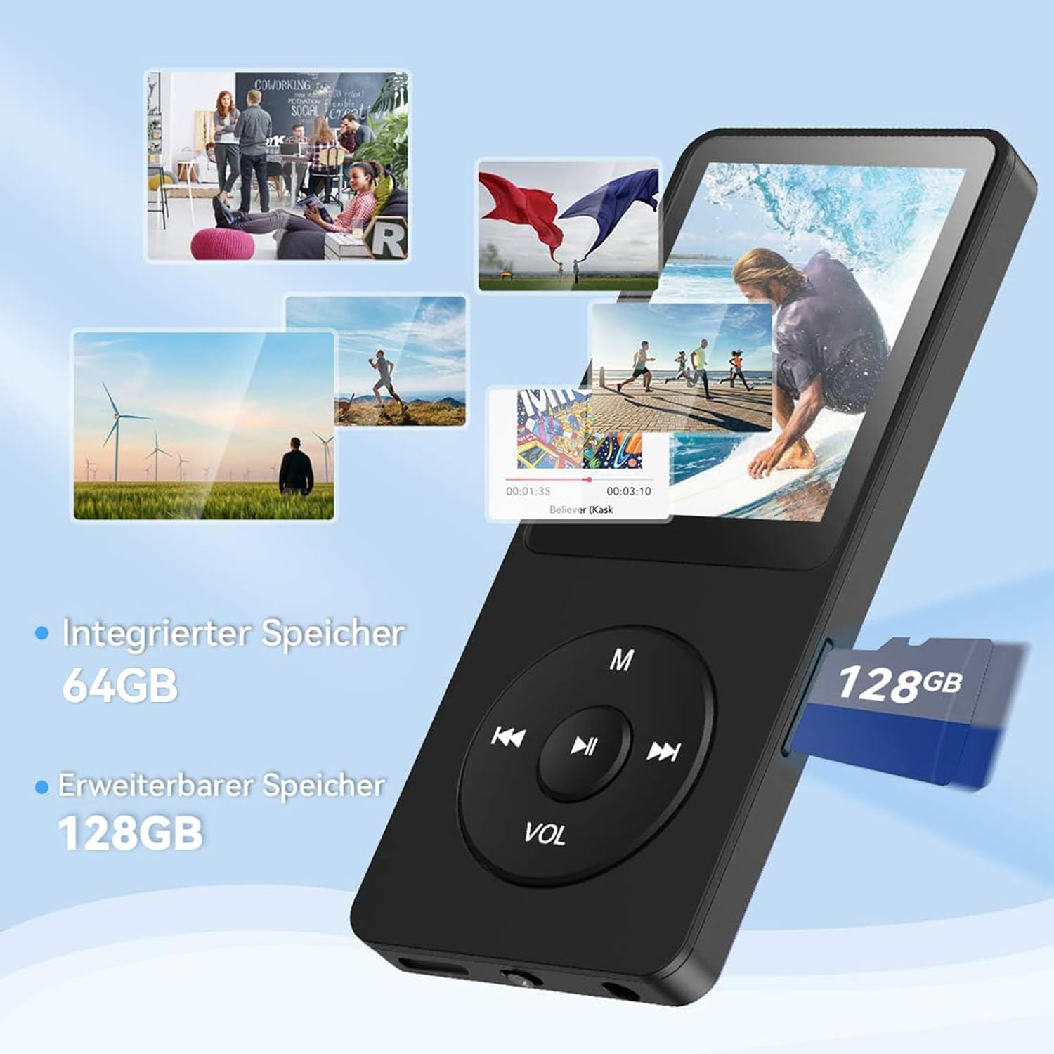 Schwarzer MP3-Player mit 64GB internem und 128GB erweiterbarem Speicher, umgeben von Fotos.