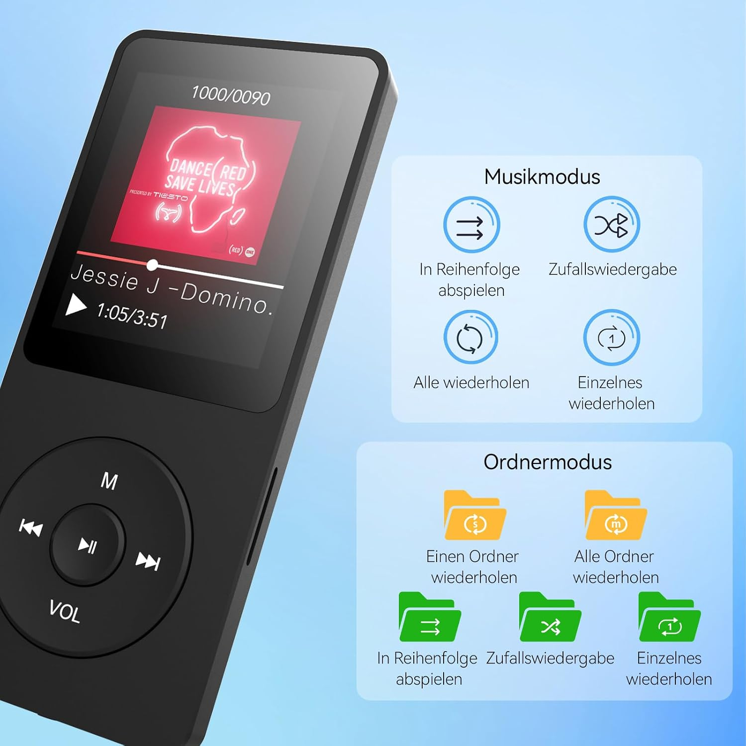 Ein schwarzer MP3-Player mit Musik- und Ordner-Modus-Optionen.