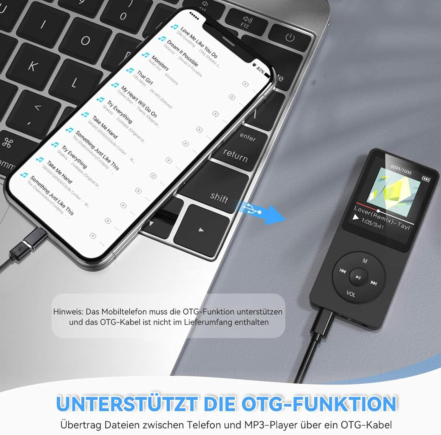 Smartphone und MP3-Player liegen auf einer Laptoptastatur und sind über ein OTG-Kabel verbunden.