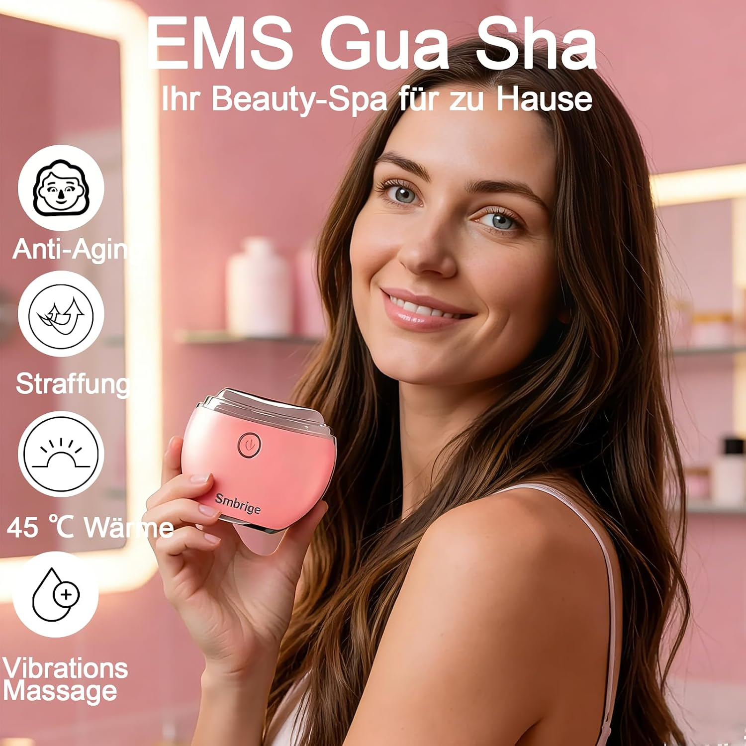 Eine lächelnde Frau hält ein rosa EMS Gua Sha-Gesichtstool, mit Symbolen und Text an der Seite.