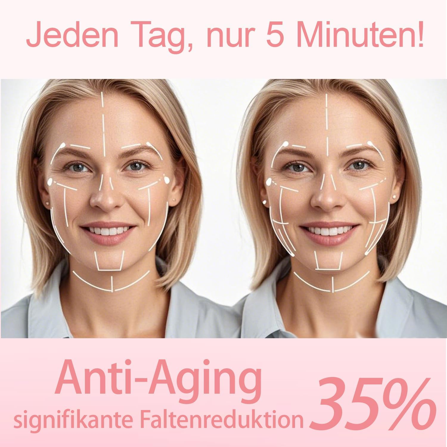 Vergleich zweier Gesichter mit weißen Linien zur Faltenreduktion und Text über Anti-Aging.