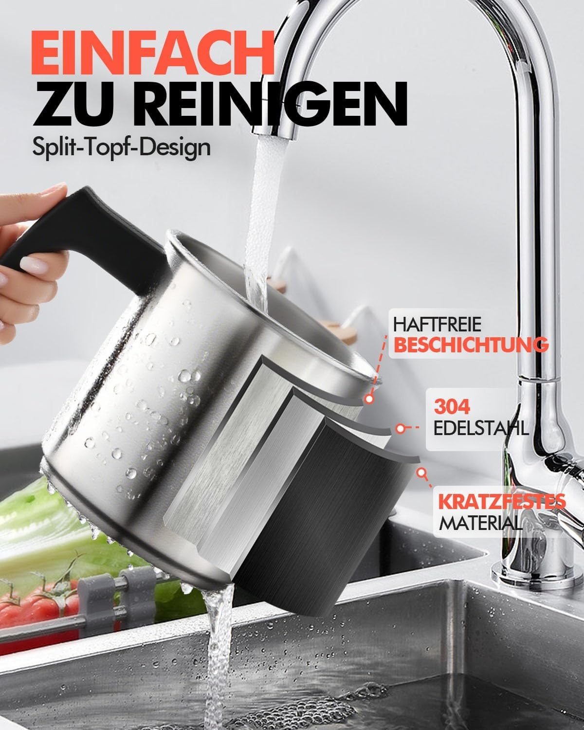 Edelstahlkanne wird unter Wasserhahn gereinigt, mit Hinweisen auf Material und Beschichtung.