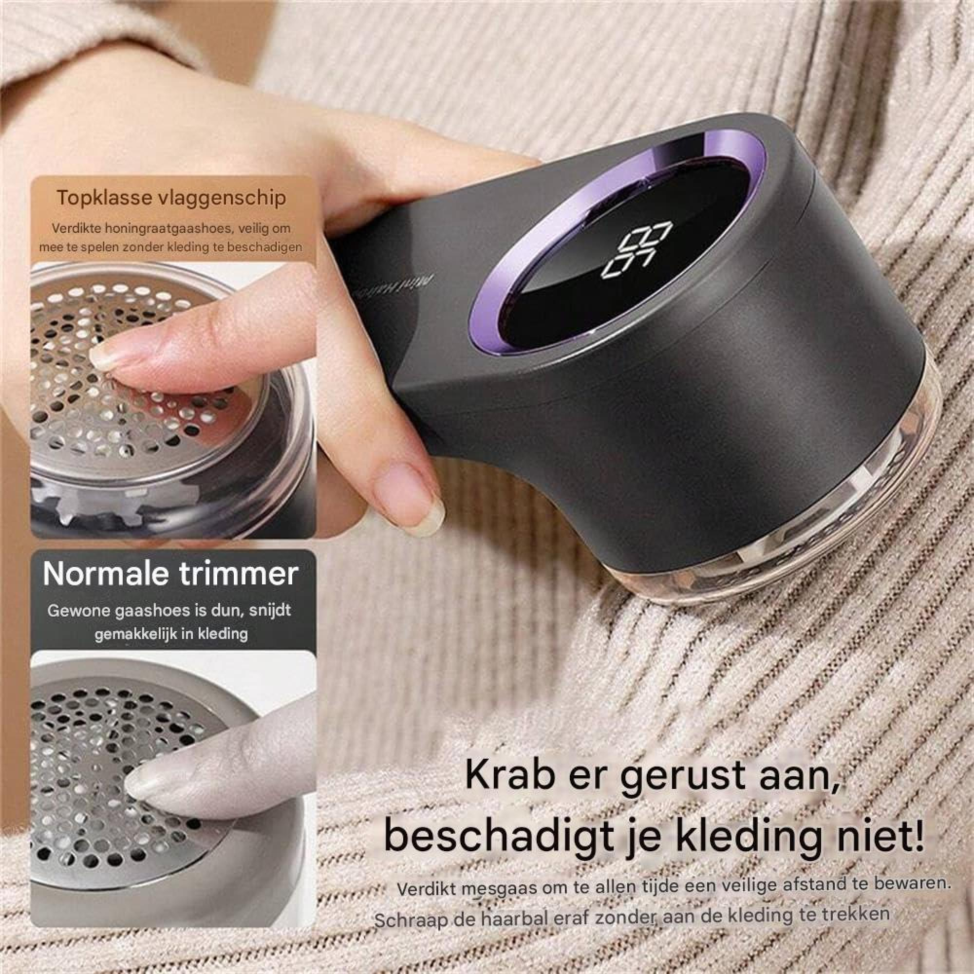 Hand hält einen grauen Fusselrasierer auf einem Strickpullover mit zwei Insets, die Mesh-Vergleiche zeigen.