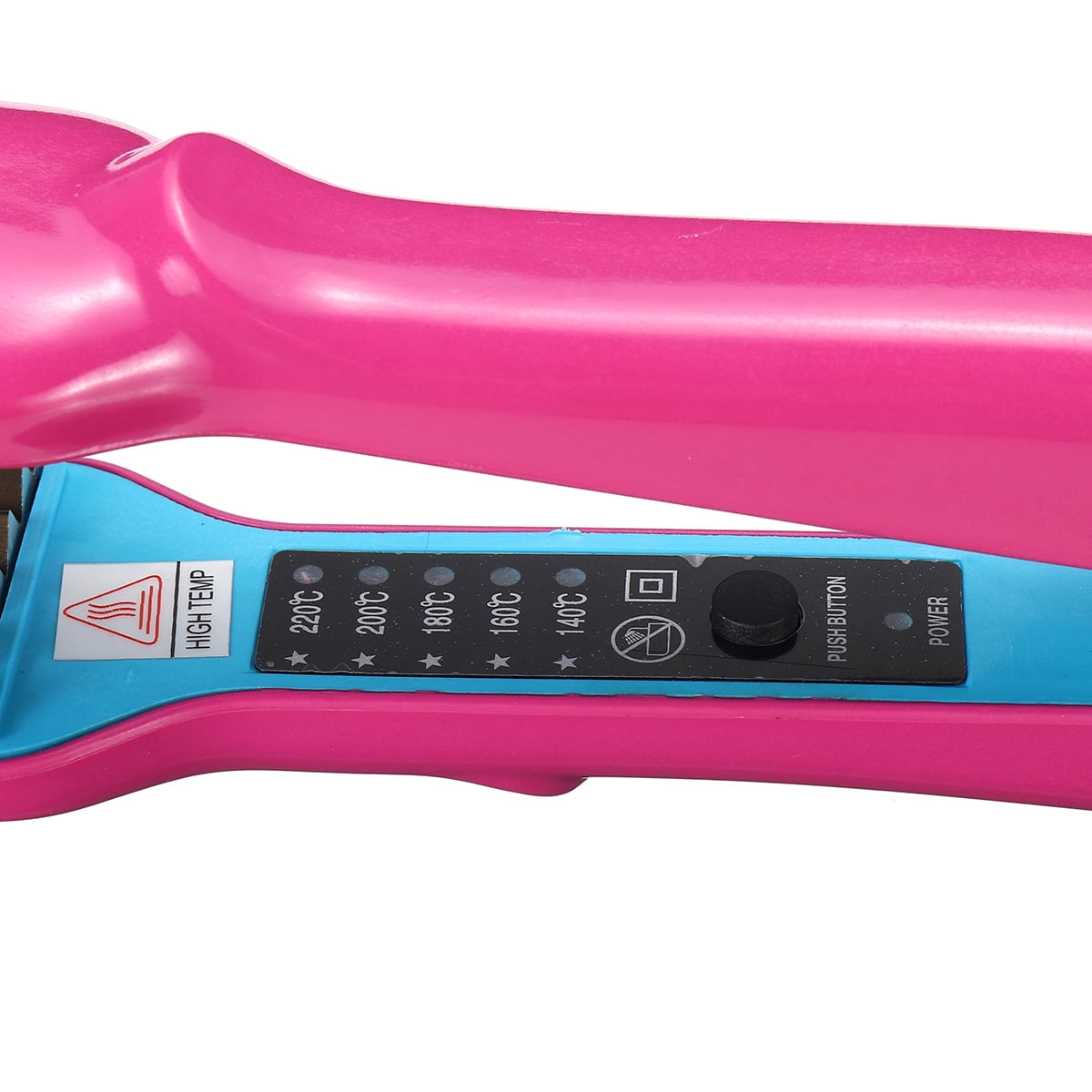 Ein pinkfarbenes und blaues Haarglätteeisen mit Temperaturanzeige und Ein/Aus-Schalter.