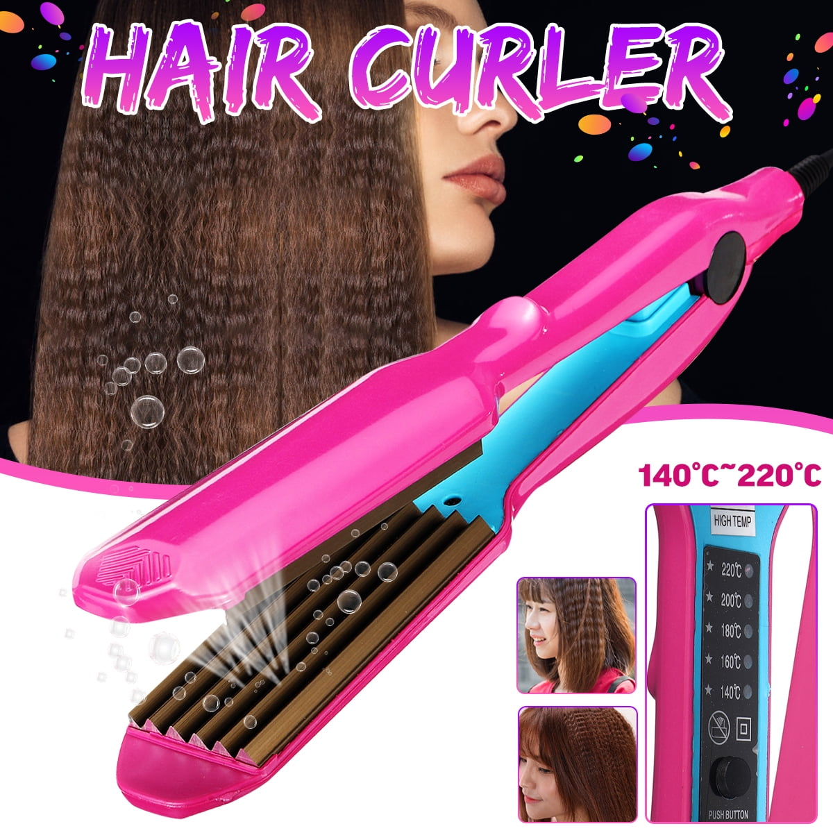 Ein pinkfarbenes Glätteisen mit blauen Akzenten und Temperatureinstellungen, mit gewelltem Haar im Hintergrund.