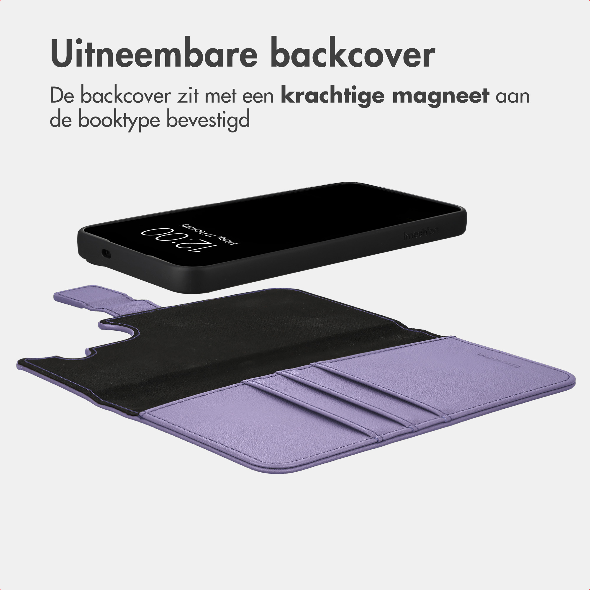 Abnehmbare Handyhülle aus lila Leder mit magnetischer Rückseite und Kartenfächern.