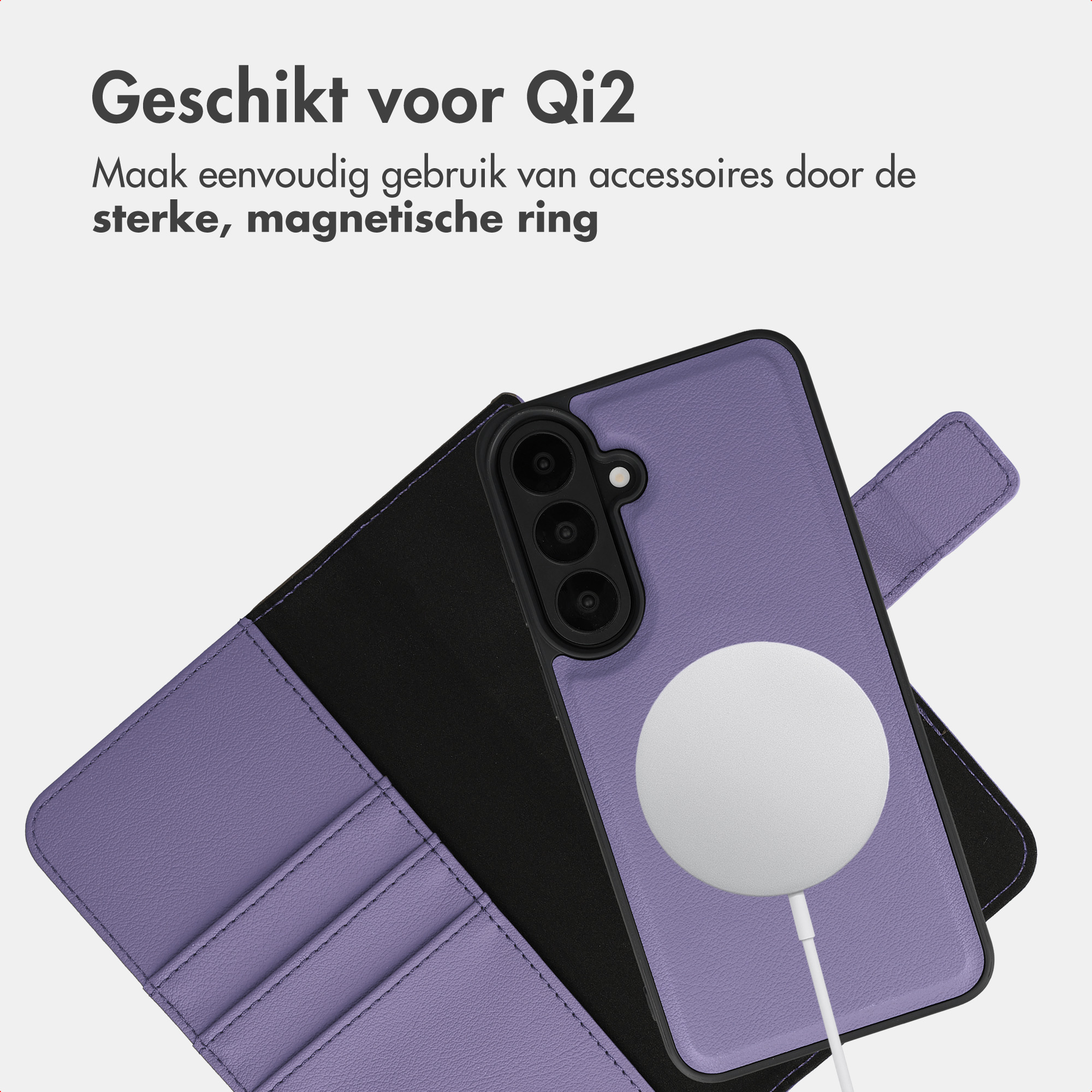 Eine lila Handytasche mit MagSafe-Ladering und Dutch Text.