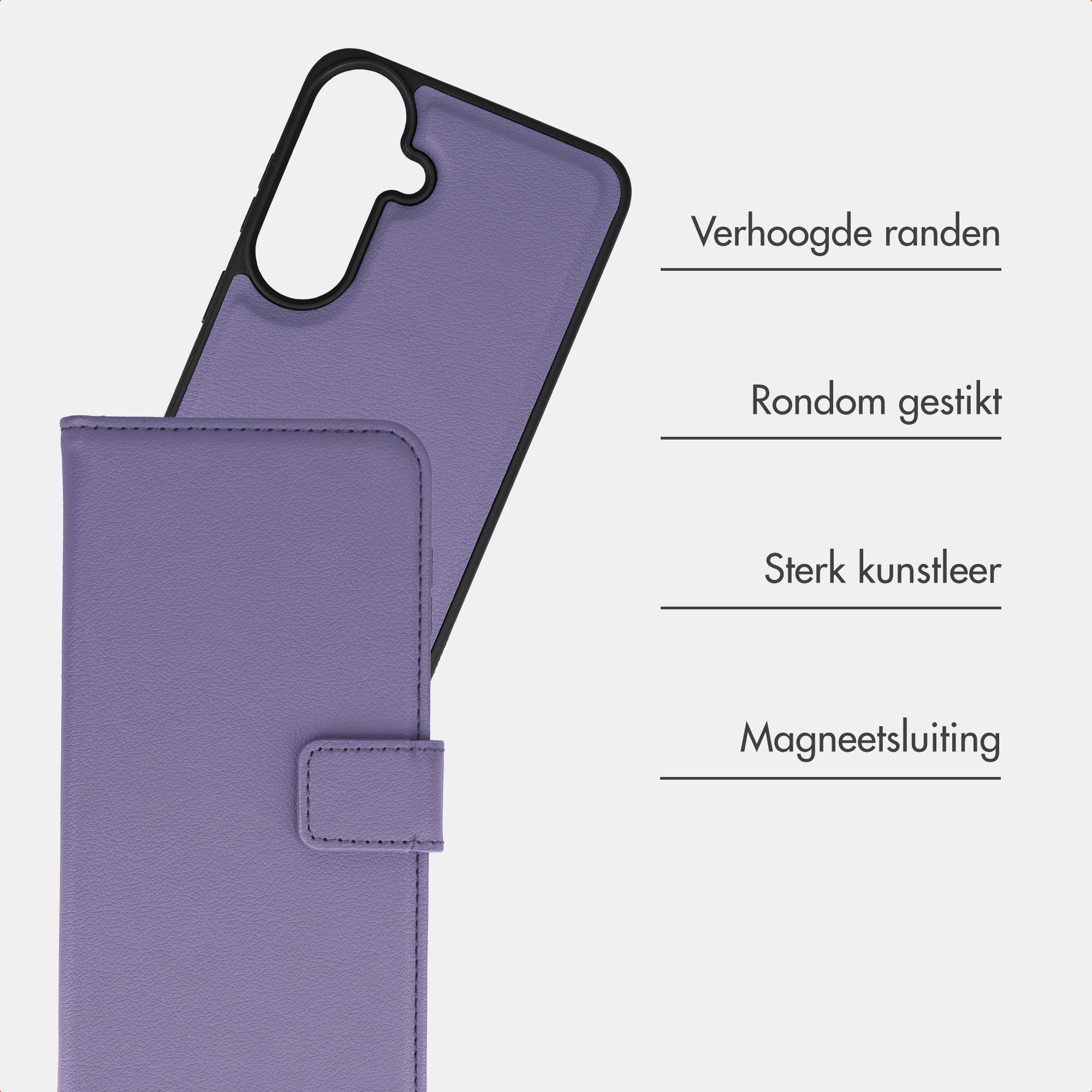 Lila Kunstleder-Handyhülle mit erhöhten Rändern, Nähten und Magnetverschluss.