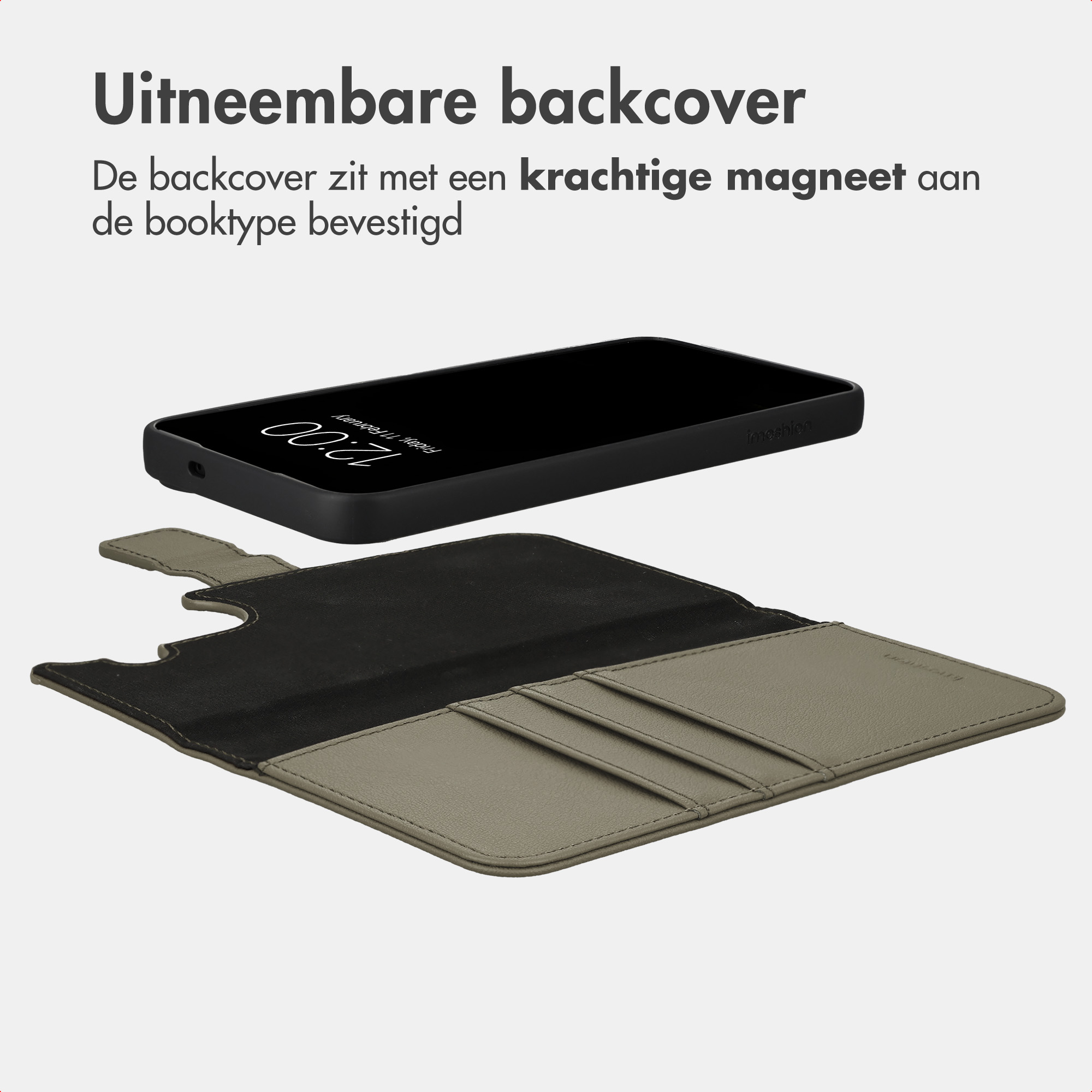 Ein Smartphone und eine graue Lederhülle mit Magnetverschluss und Kartenfächern vor hellem Hintergrund.