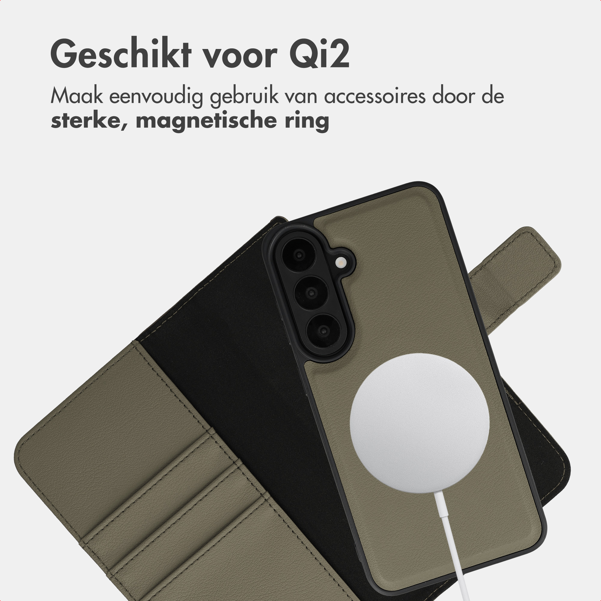 Olivgrüne Wallet-Handyhülle mit magnetischem Wireless-Charger auf der Rückseite und niederländischem Text oben.