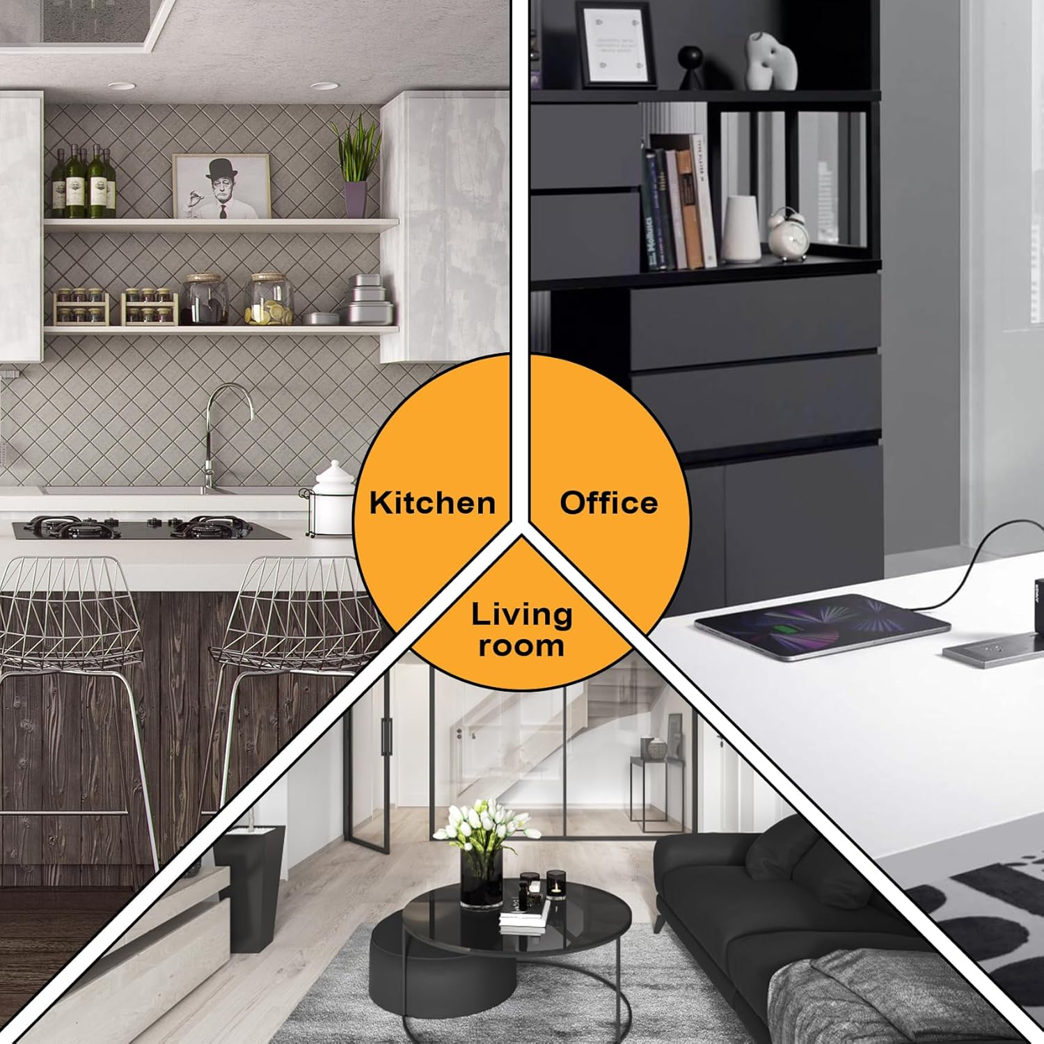 Geteilter Bildschirm mit drei Szenen: Küche, Büro und Wohnzimmer.