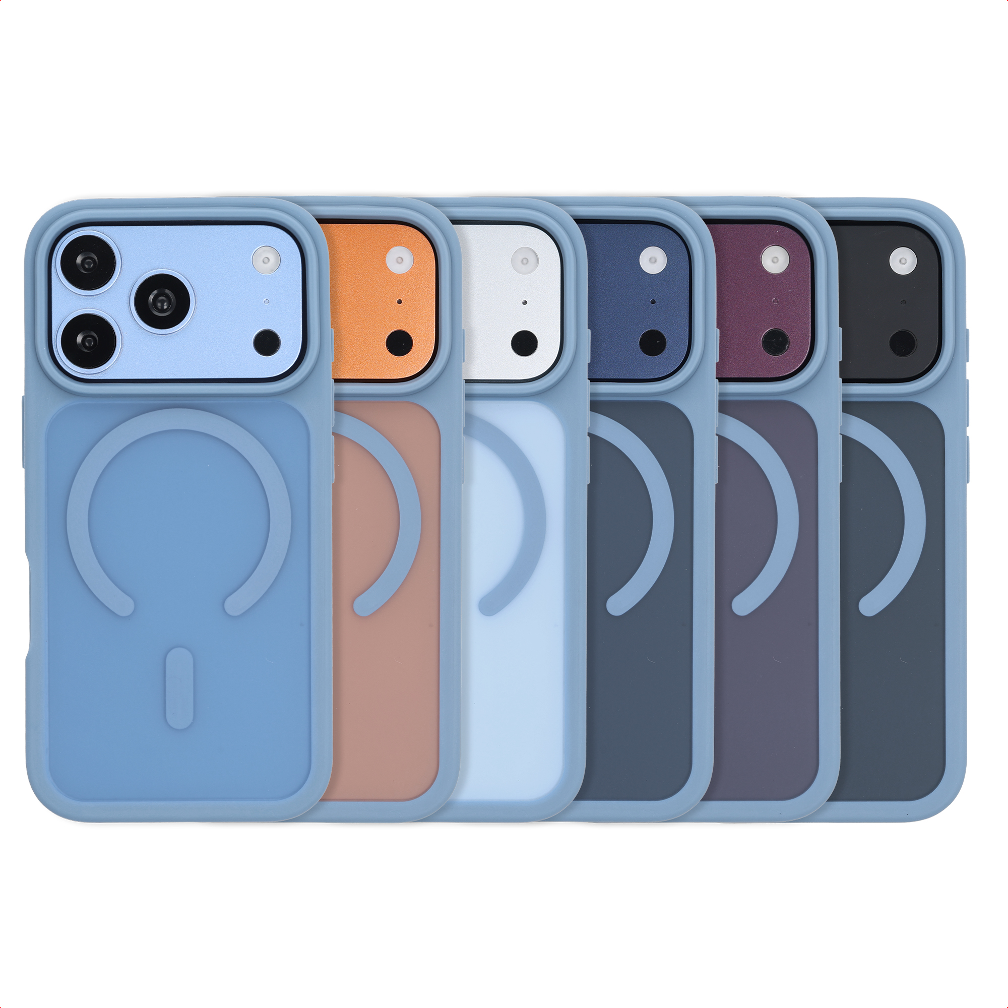 Sechs Smartphone-Hüllen mit blauen Rändern und auswechselbaren farbigen Rückseiten liegen nebeneinander.