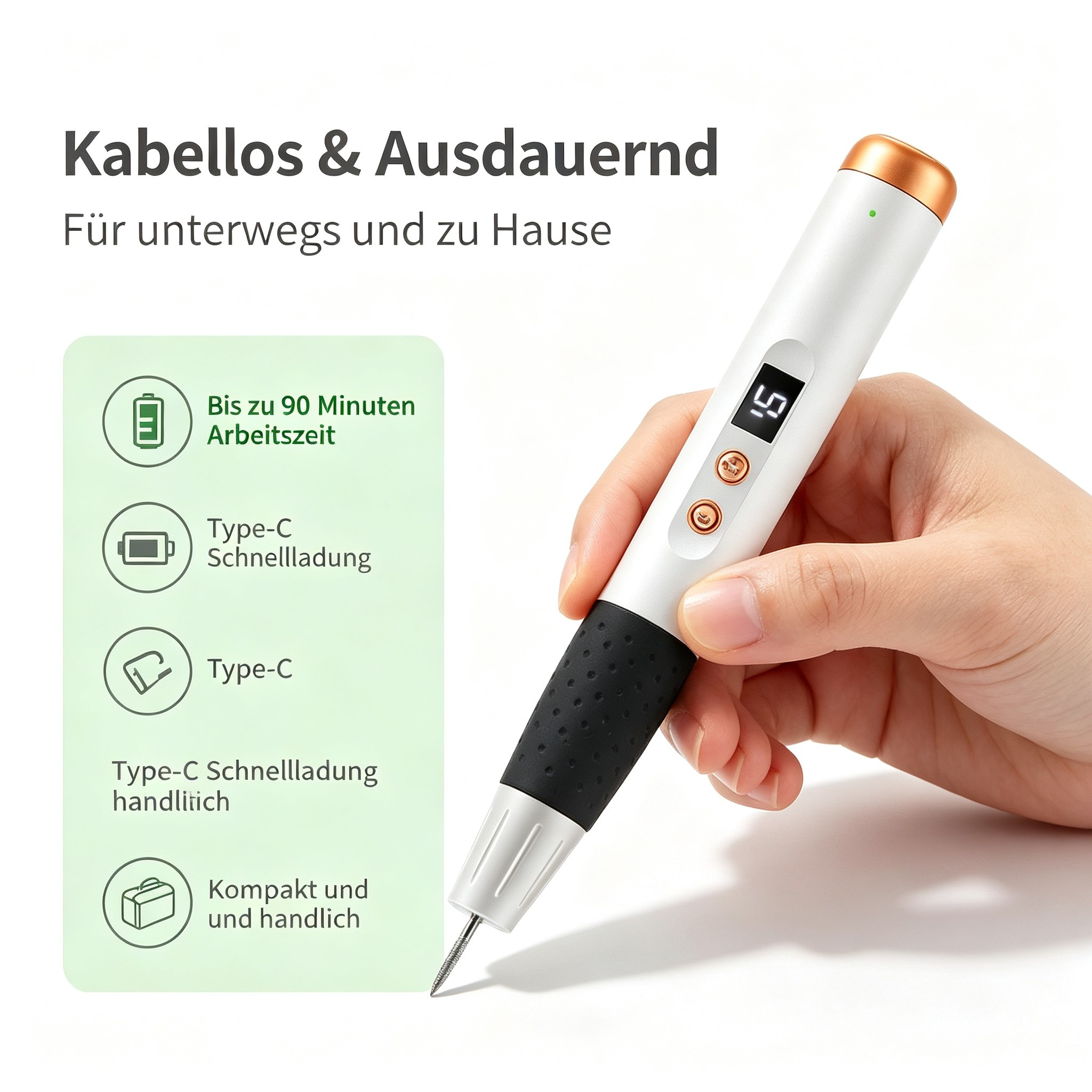 Eine Hand hält einen weißen und schwarzen Gravurstift, mit Text und Symbolen auf der linken Seite.