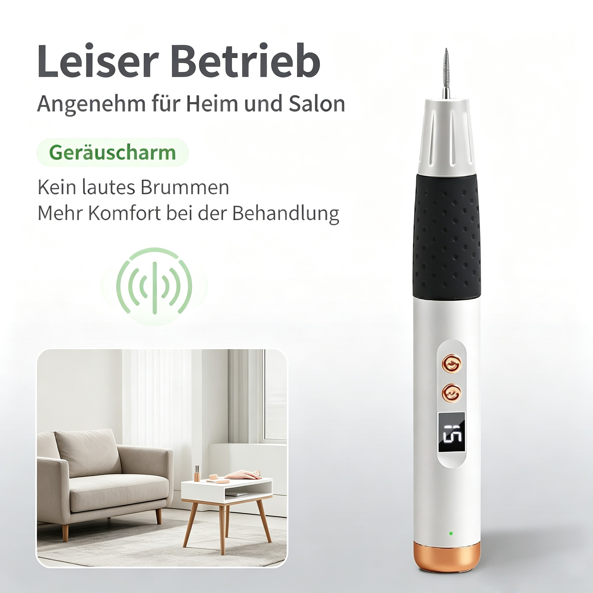 Eine weiß-schwarze elektrische Nagelfeile mit Digitaldisplay, daneben deutscher Text und ein Wohnzimmer.