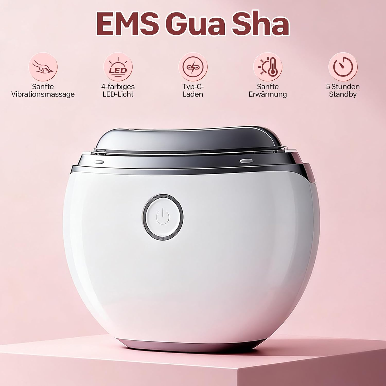 Ein weißes EMS Gua Sha Gerät auf rosa Hintergrund mit fünf Funktionssymbolen oben.