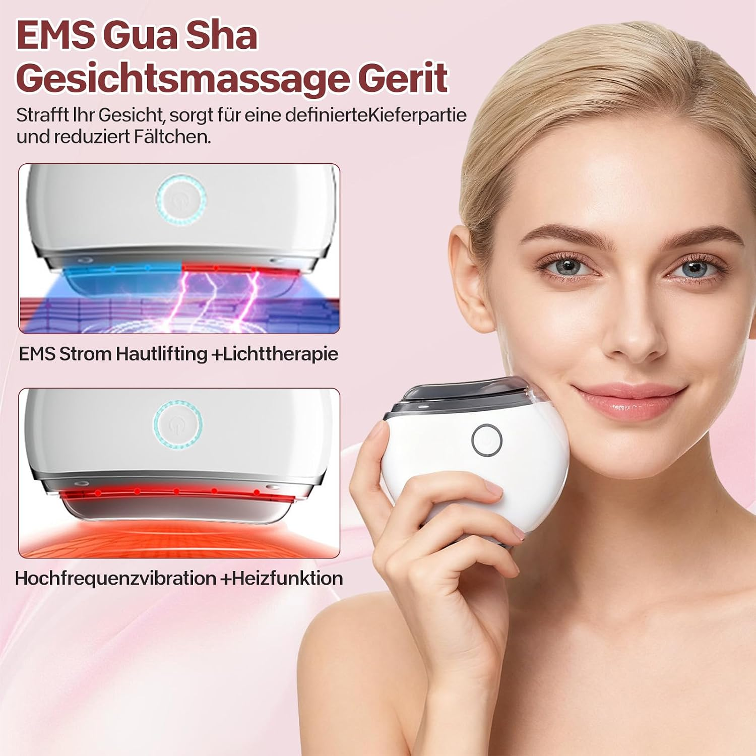Eine Frau hält ein weißes EMS-Gesichtsreinigungsgerät an ihre Wange, mit Produktdetails links.
