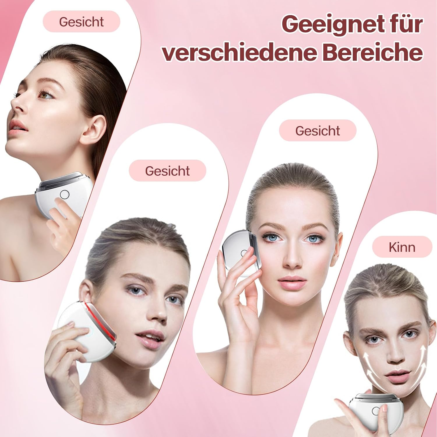 Frauen verwenden ein weißes Beauty-Gerät für Gesicht und Kinn auf pinkem Hintergrund.