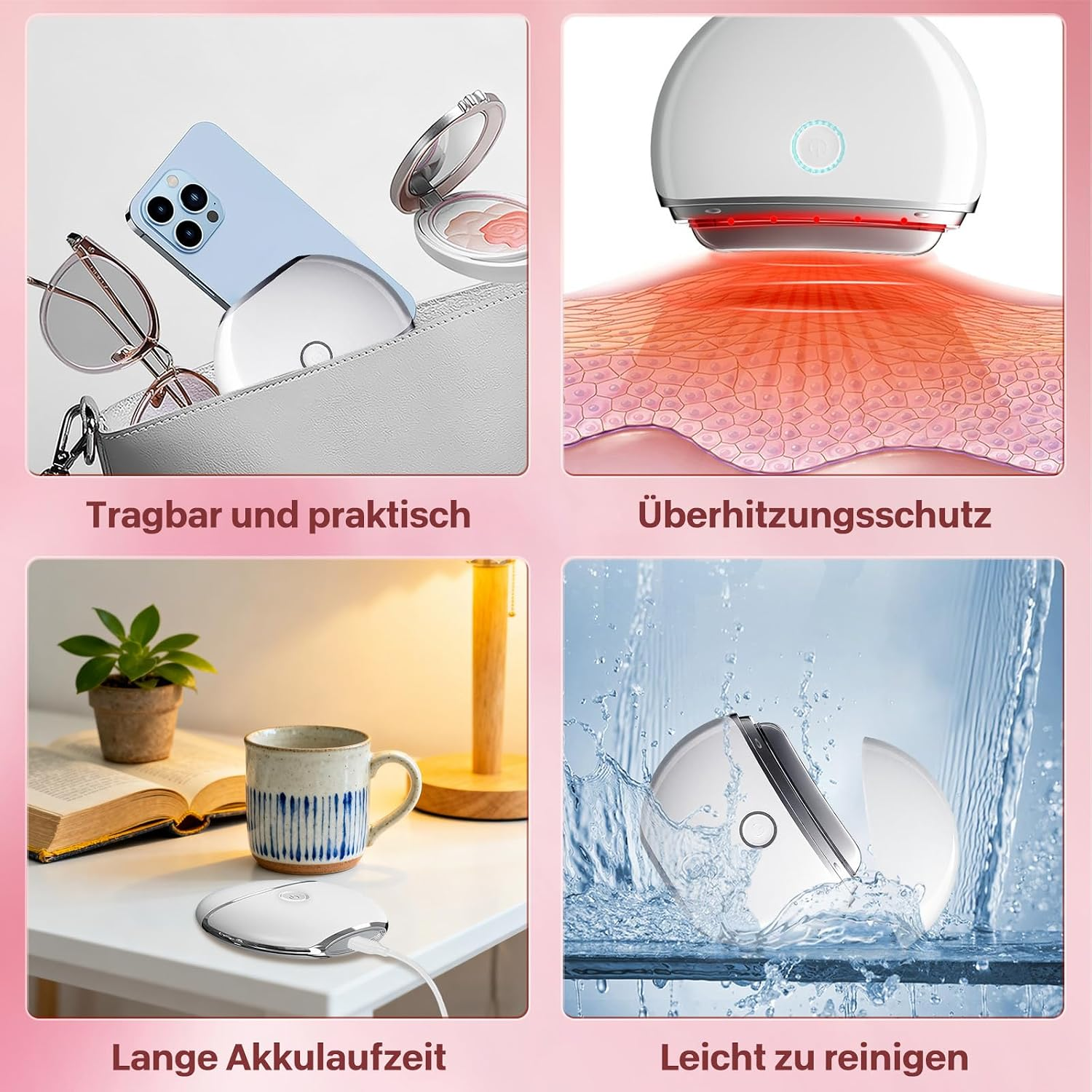 Vier Bilder zeigen ein tragbares weißes Gerät in einer Tasche, auf Haut, beim Laden und unter fließendem Wasser.