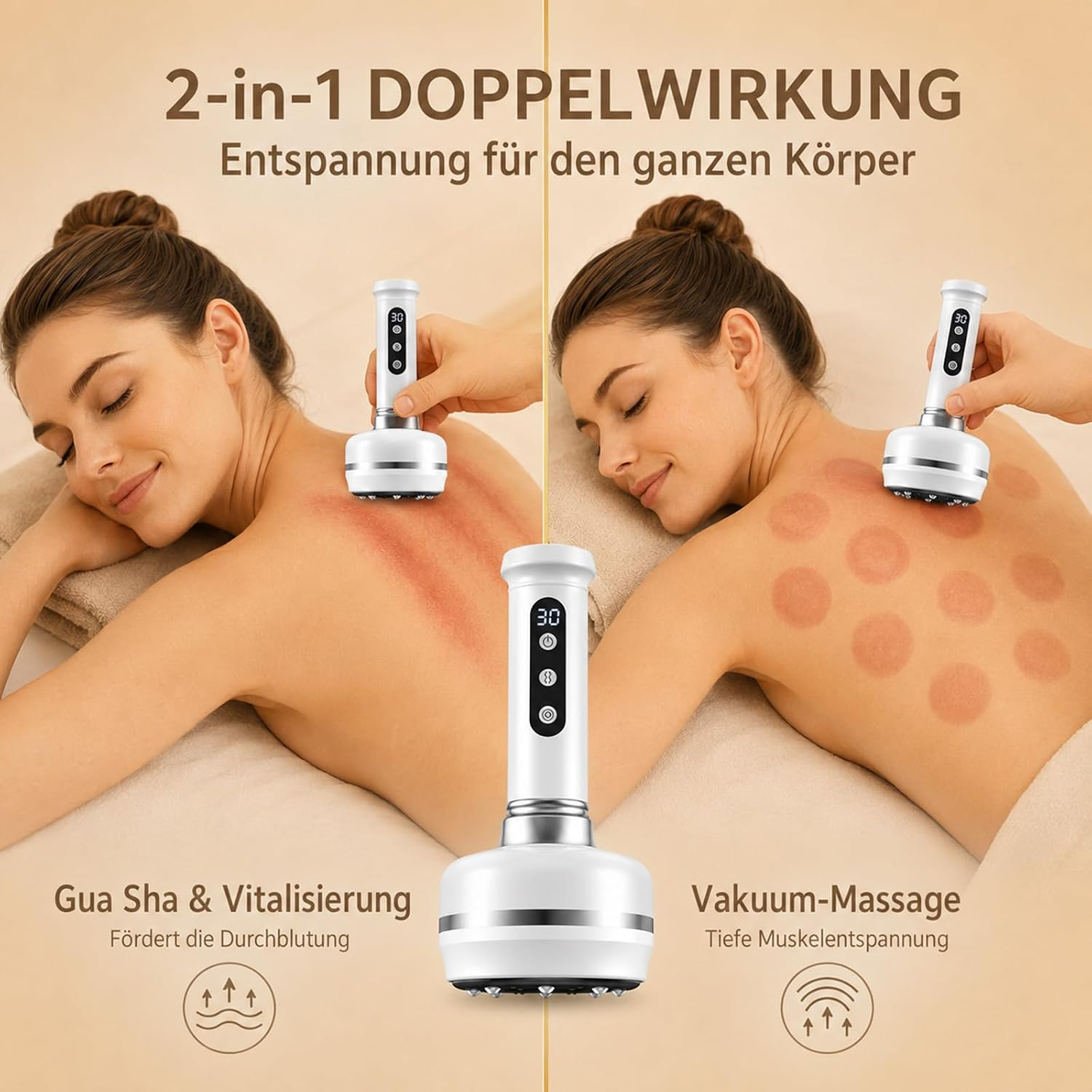 Eine Frau erhält eine 2-in-1 Körpermassage mit einem weißen Gerät, das Gua-Sha- und Vakuum-Ergebnisse zeigt.