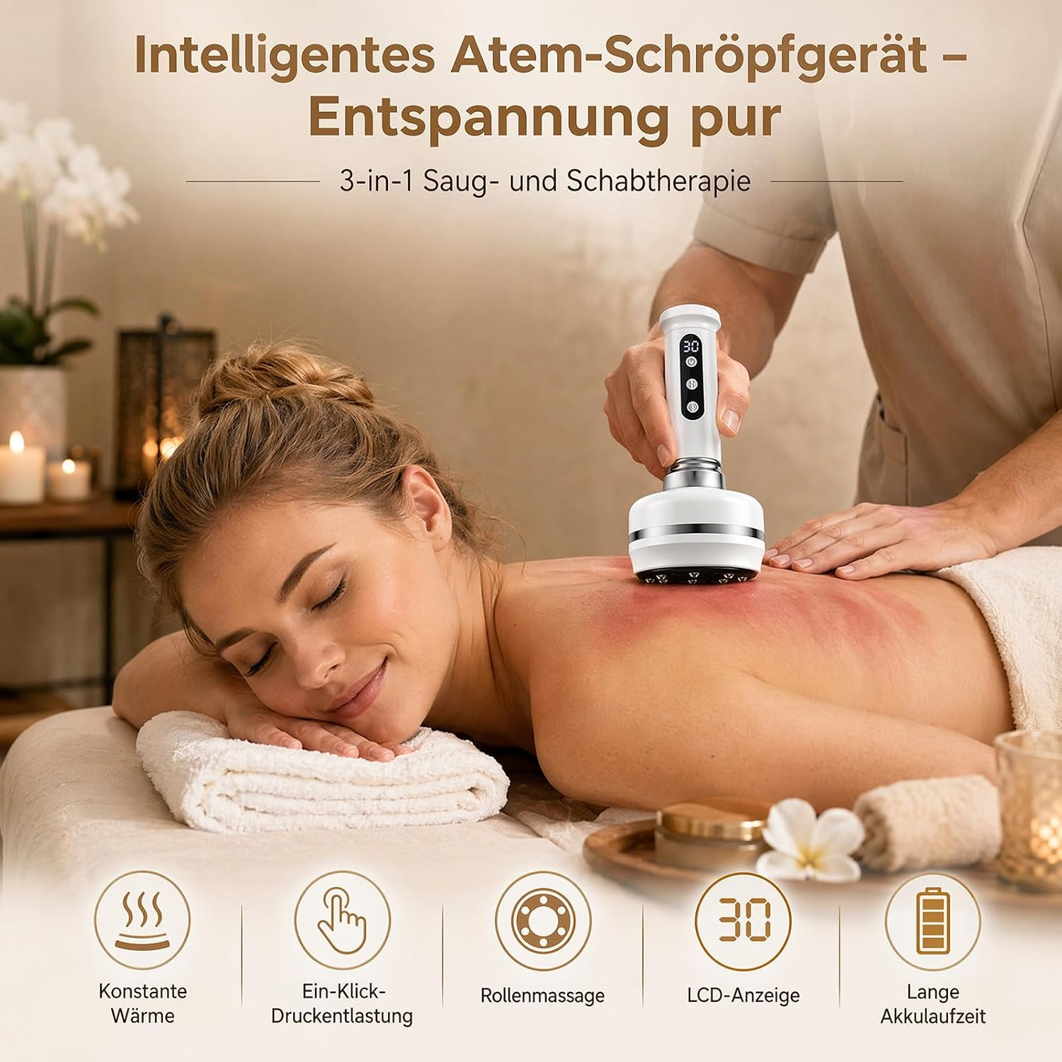 Eine Frau genießt eine Rückenmassage mit einem elektronischen Massagegerät in einem Spa.