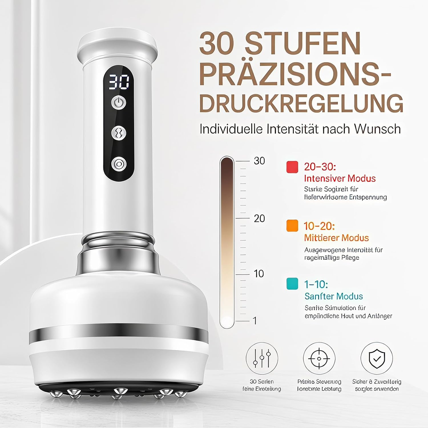 Ein weiß-silbernes Handmassagegerät mit digitaler Anzeige und 30 Druckstufen neben Text.